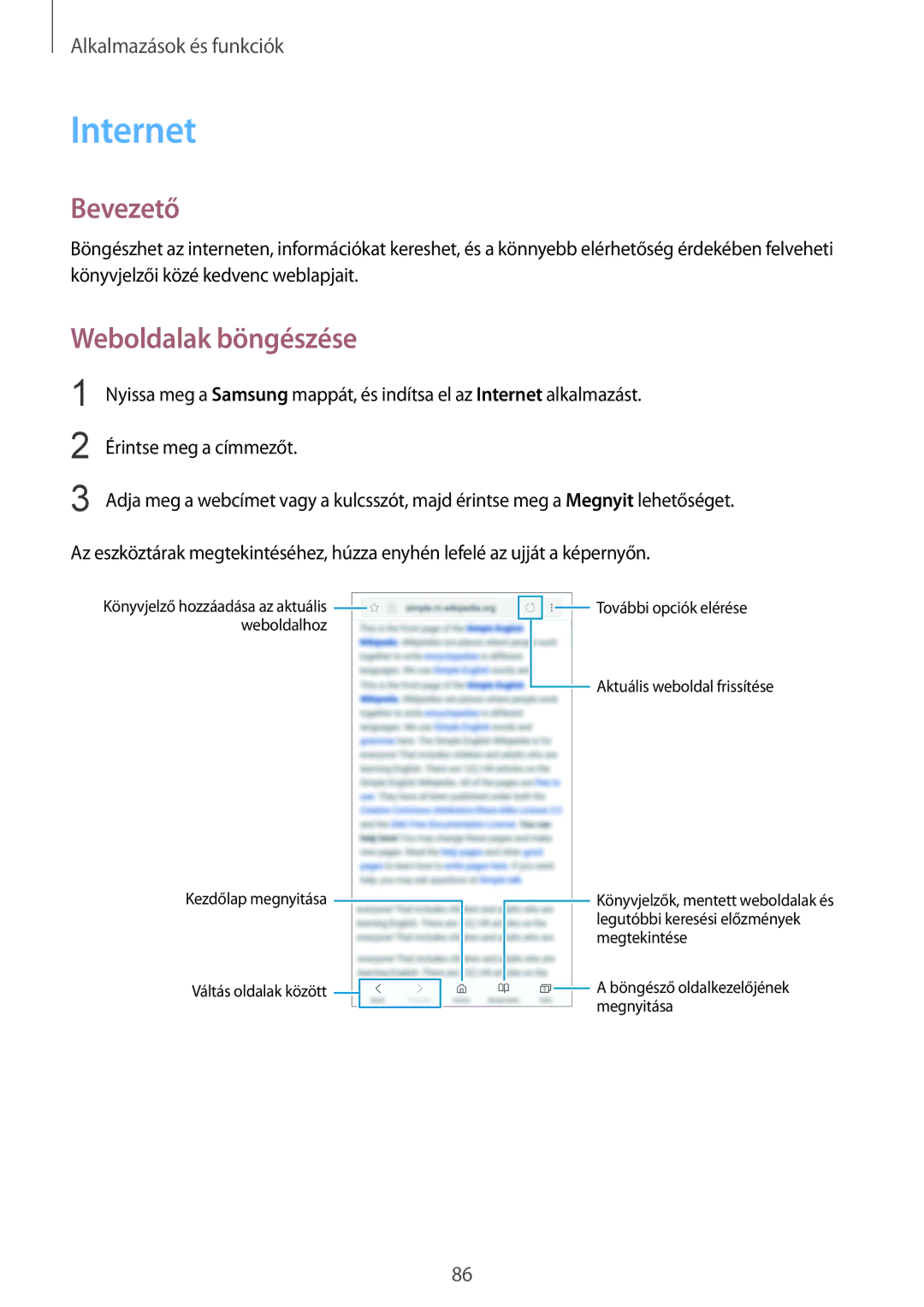 Samsung SM-G955FZVAXEH, SM-G950FZVAXEH, SM-G955FZSAXEH, SM-G955FZKAXEH, SM-G950FZKAXEH manual Internet, Weboldalak böngészése 