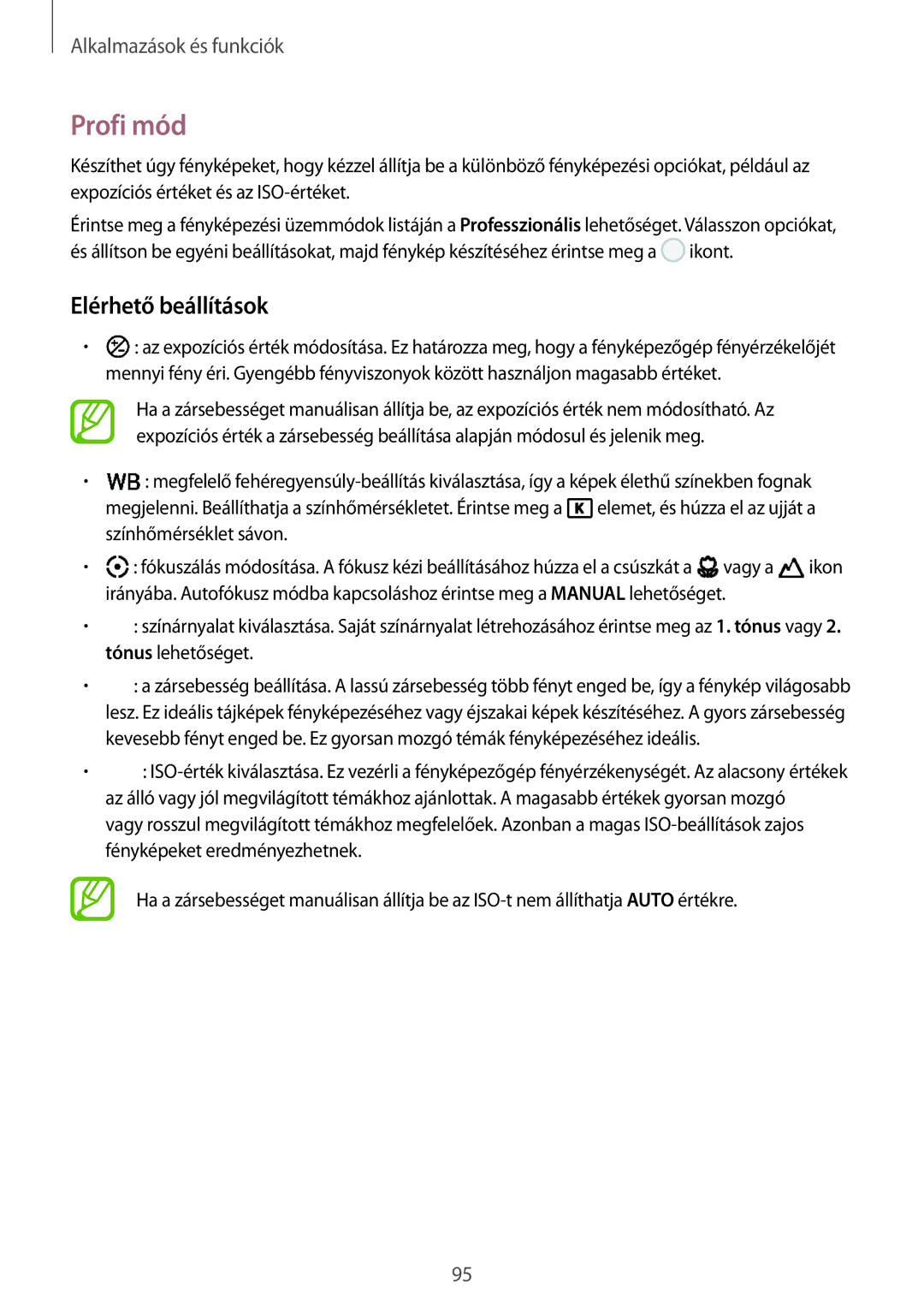 Samsung SM-G950FZSAXEH, SM-G950FZVAXEH, SM-G955FZSAXEH, SM-G955FZVAXEH, SM-G955FZKAXEH manual Profi mód, Elérhető beállítások 