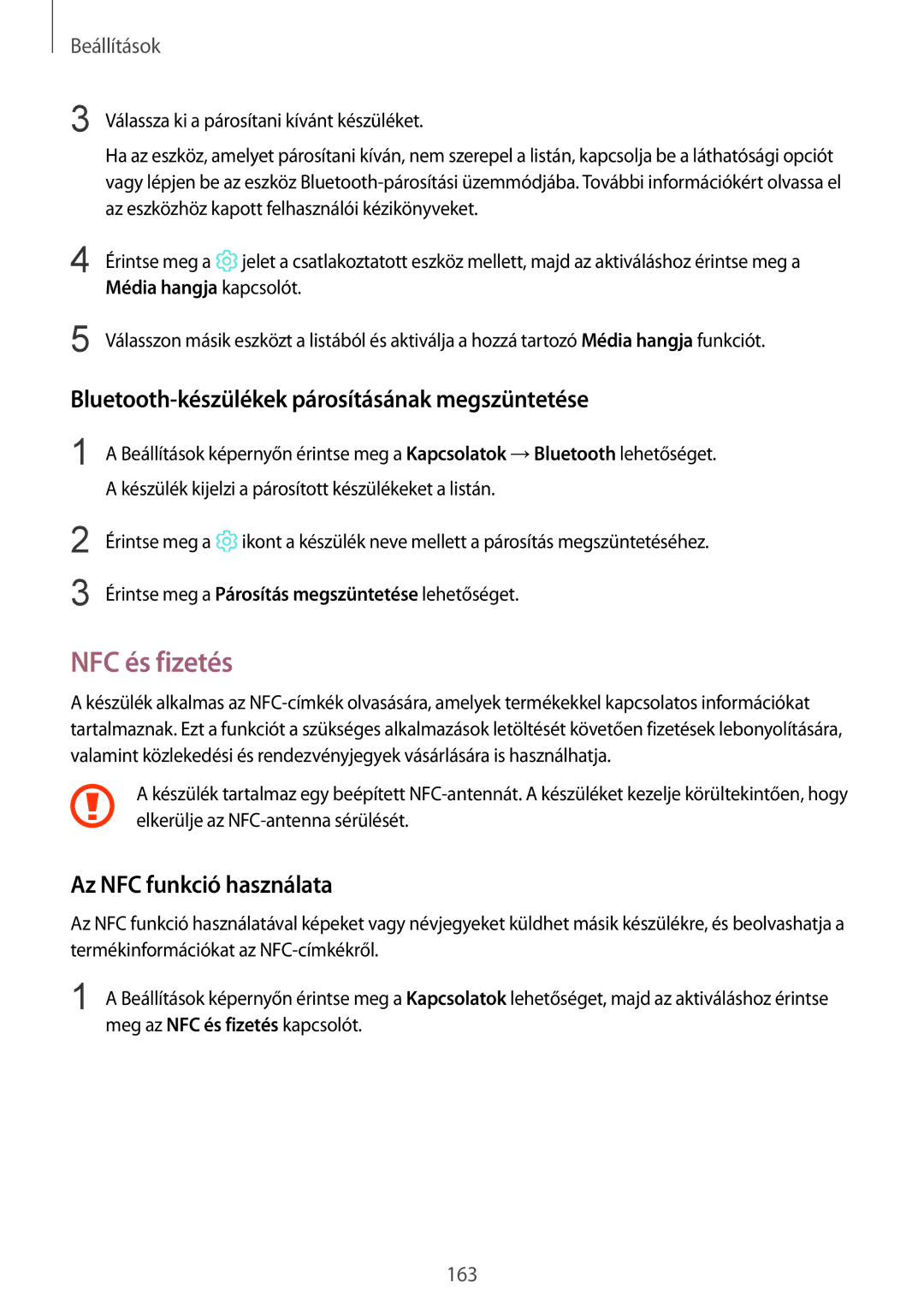 Samsung SM-G955FZSAXEH manual NFC és fizetés, Bluetooth-készülékek párosításának megszüntetése, Az NFC funkció használata 