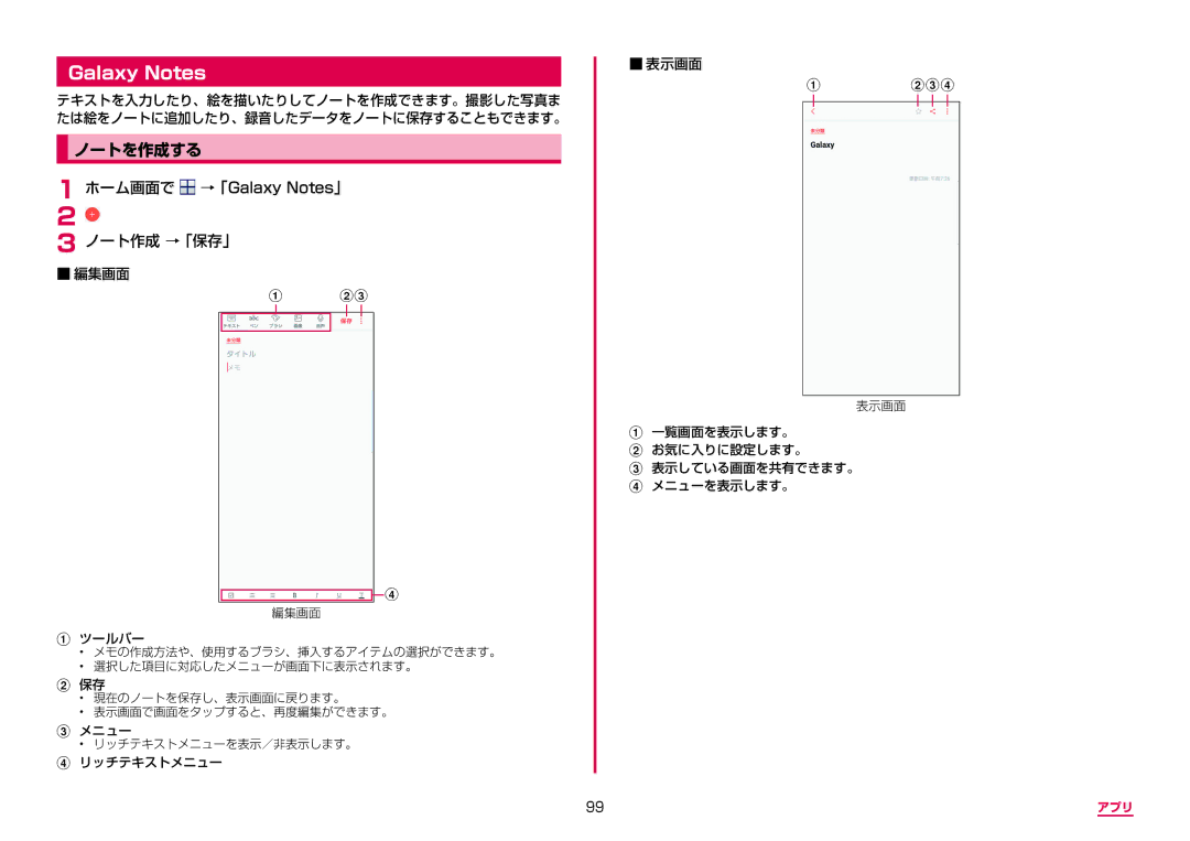 Samsung SM-G955DZKADCM, SM-G955DZSADCM manual Galaxy Notes, ノートを作成する, ノート作成 →「保存」 