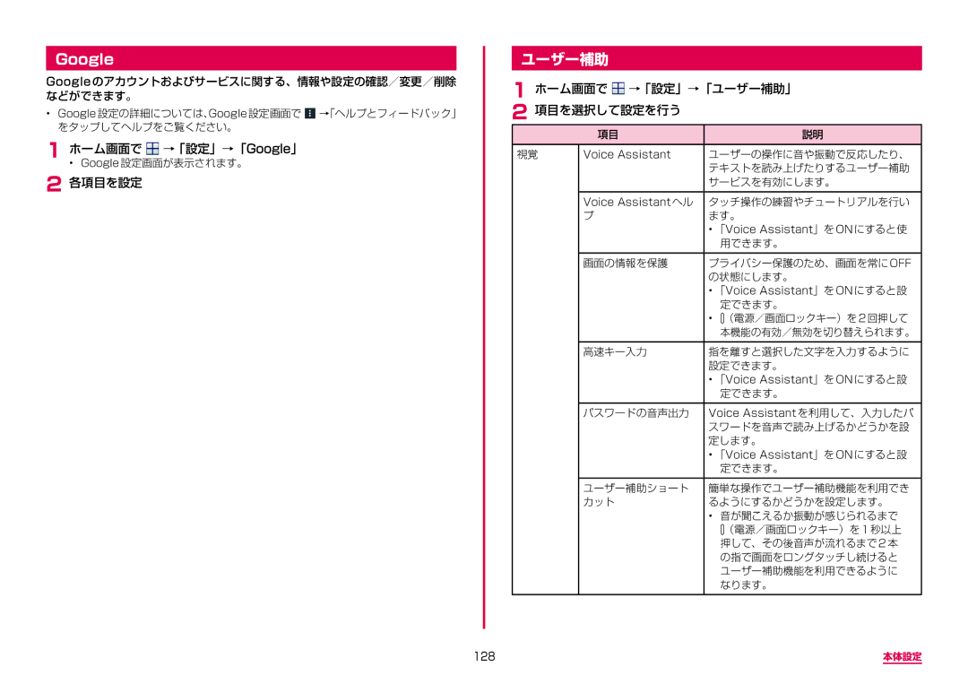 Samsung SM-G955DZSADCM, SM-G955DZKADCM manual ホーム画面で →「設定」→「Google」, ホーム画面で →「設定」→「ユーザー補助」 項目を選択して設定を行う, 128 