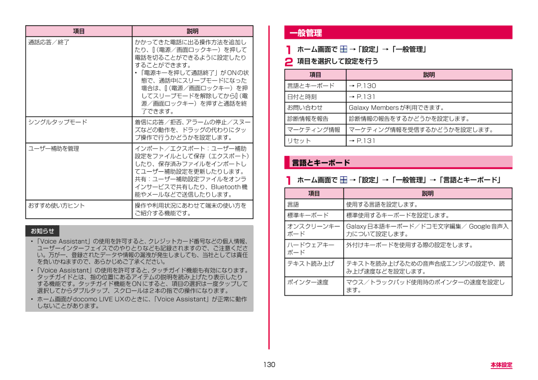 Samsung SM-G955DZSADCM, SM-G955DZKADCM manual ホーム画面で →「設定」→「一般管理」 項目を選択して設定を行う, ホーム画面で →「設定」→「一般管理」→「言語とキーボード」, 130 