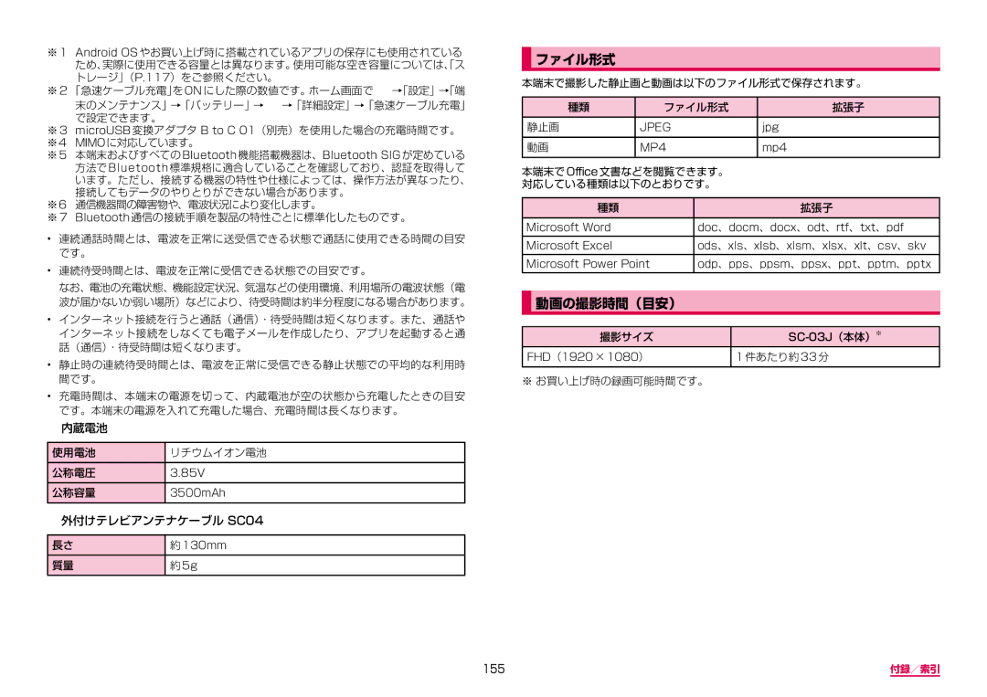 Samsung SM-G955DZKADCM, SM-G955DZSADCM manual ファイル形式, 動画の撮影時間（目安）, 155 