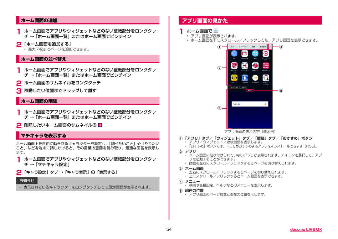 Samsung SM-G955DZSADCM, SM-G955DZKADCM manual アプリ画面の見かた, ホーム画面の追加, ホーム画面の並べ替え, ホーム画面の削除, マチキャラを表示する 