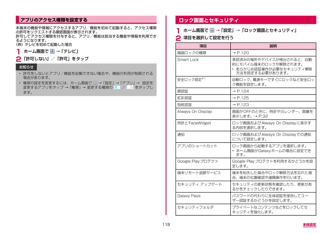 Samsung SM-G955DZKADCM, SM-G955DZSADCM manual ロック画面とセキュリティ, アプリのアクセス権限を設定する, ホーム画面で →「テレビ」 「許可しない」／「許可」をタップ, 119 