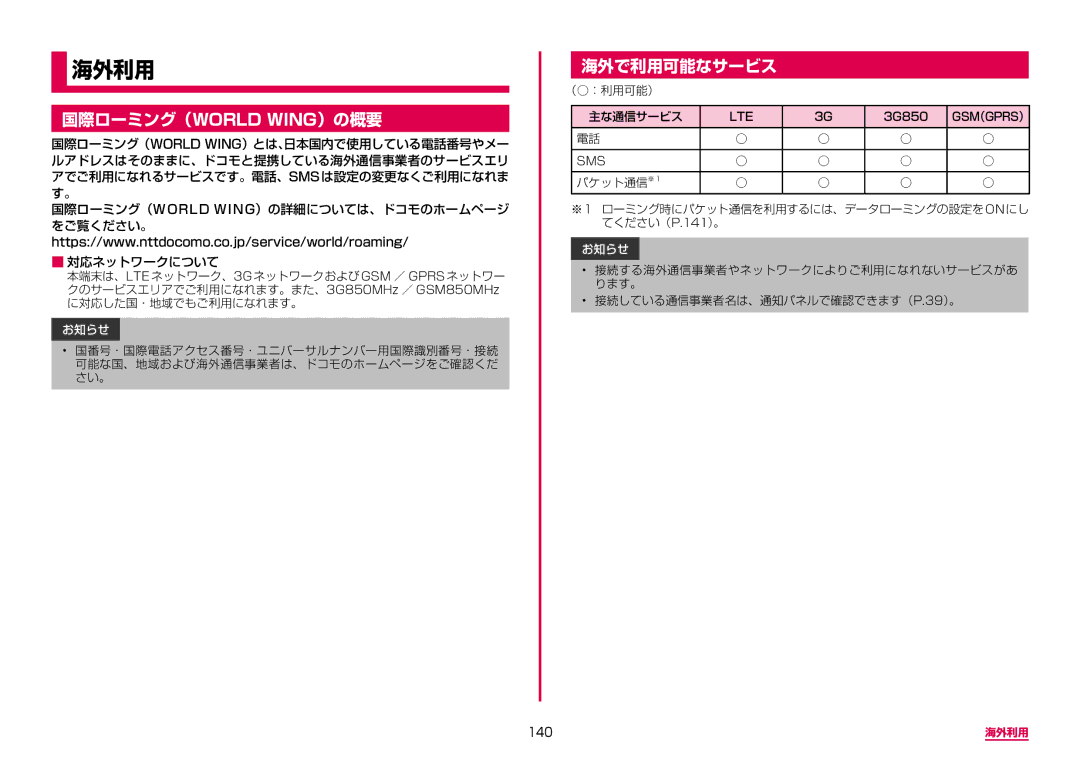 Samsung SM-G955DZSADCM, SM-G955DZKADCM manual 国際ローミング（World Wing）の概要, 海外で利用可能なサービス, 140 