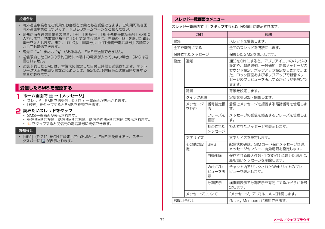 Samsung SM-G955DZKADCM, SM-G955DZSADCM manual 受信したsmsを確認する, 読みたいスレッドをタップ, スレッド一覧画面のメニュー 