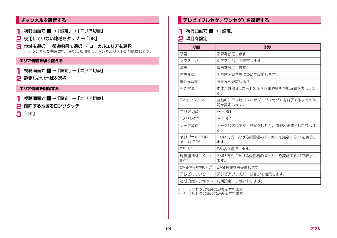 Samsung SM-G955DZKADCM, SM-G955DZSADCM チャンネルを設定する, テレビ（フルセグ／ワンセグ）を設定する, 視聴画面で →「設定」→「エリア切替」 設定したい地域を選択, 視聴画面で →「設定」 項目を設定 