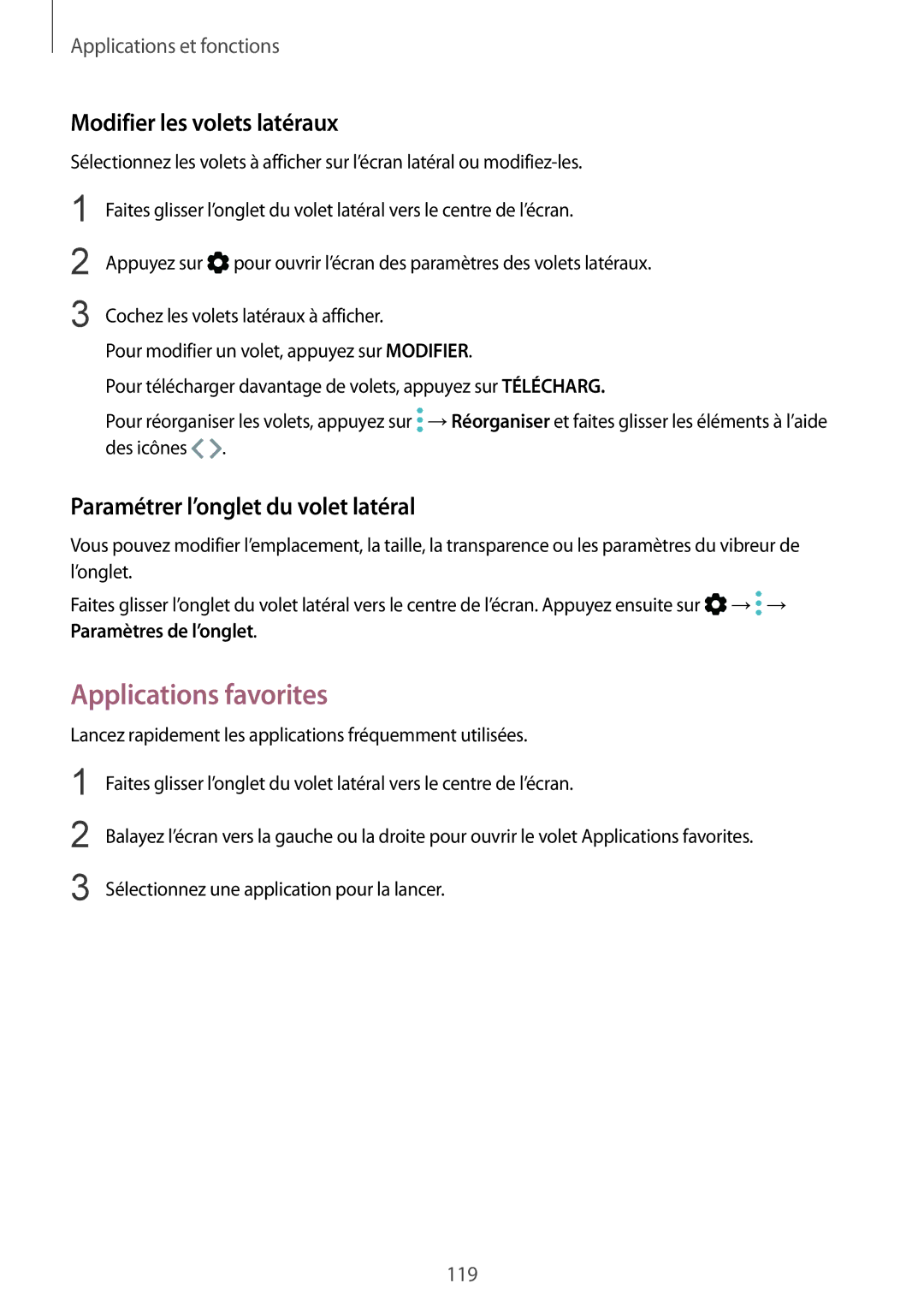 Samsung SM-G955FZKDXEF manual Applications favorites, Modifier les volets latéraux, Paramétrer l’onglet du volet latéral 