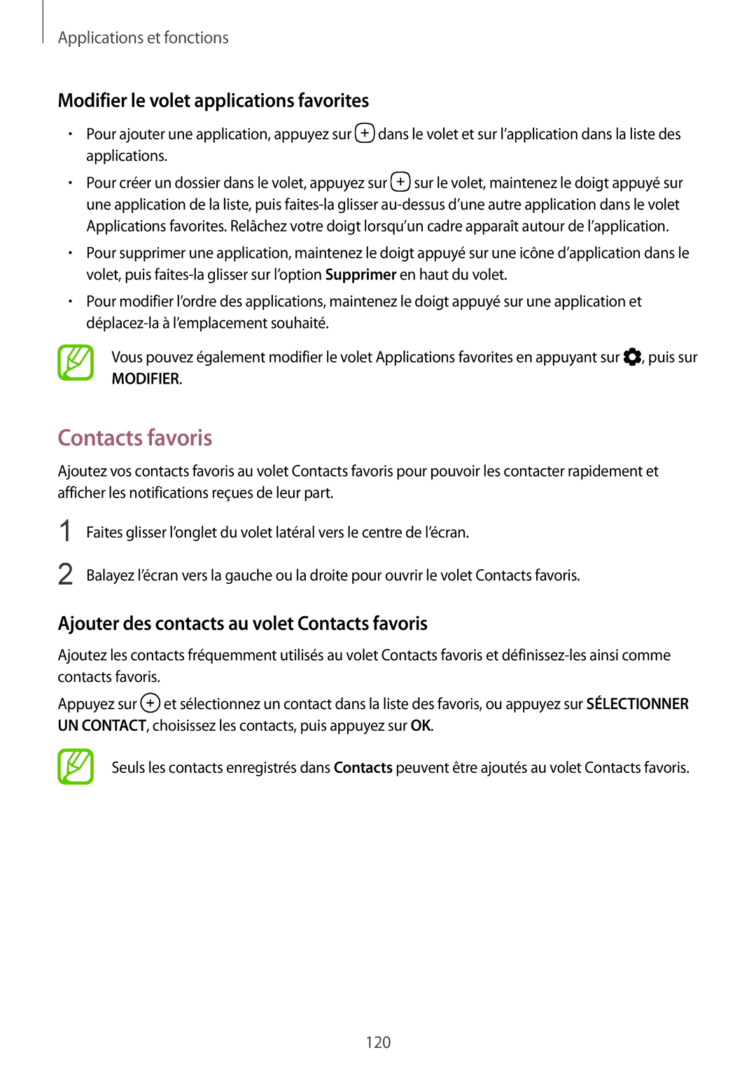 Samsung SM-G950FZBAXEF, SM-G955FZBAXEF, SM-G955FZVAXEF manual Contacts favoris, Modifier le volet applications favorites 