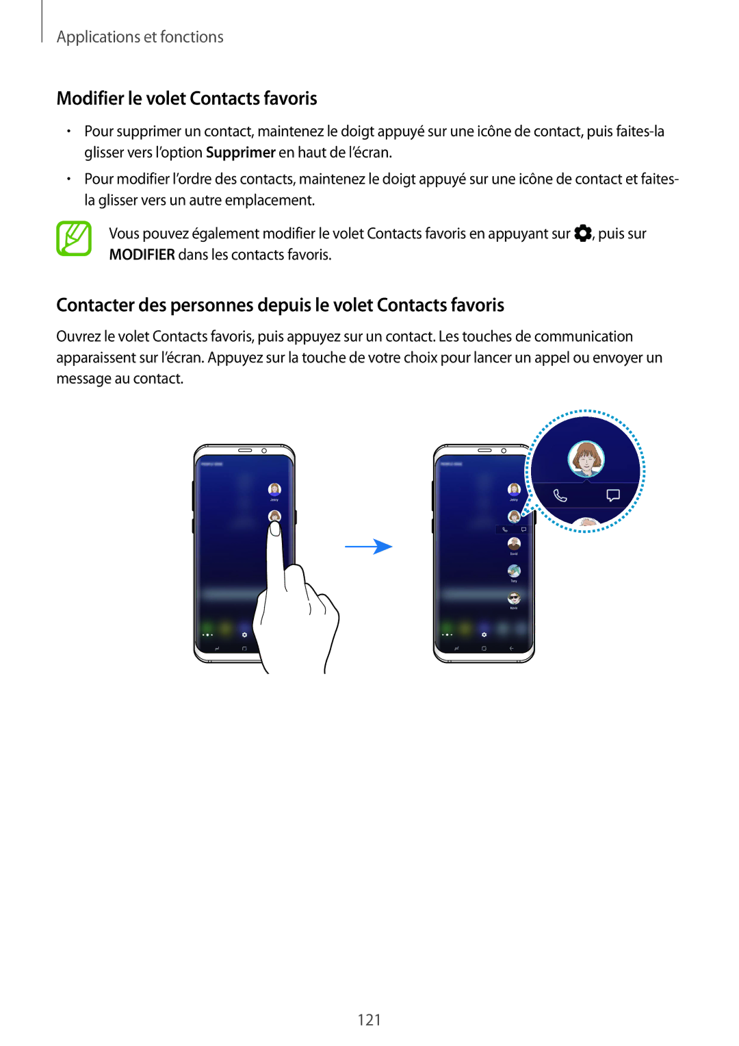 Samsung SM-G955FZBAXEF manual Modifier le volet Contacts favoris, Contacter des personnes depuis le volet Contacts favoris 