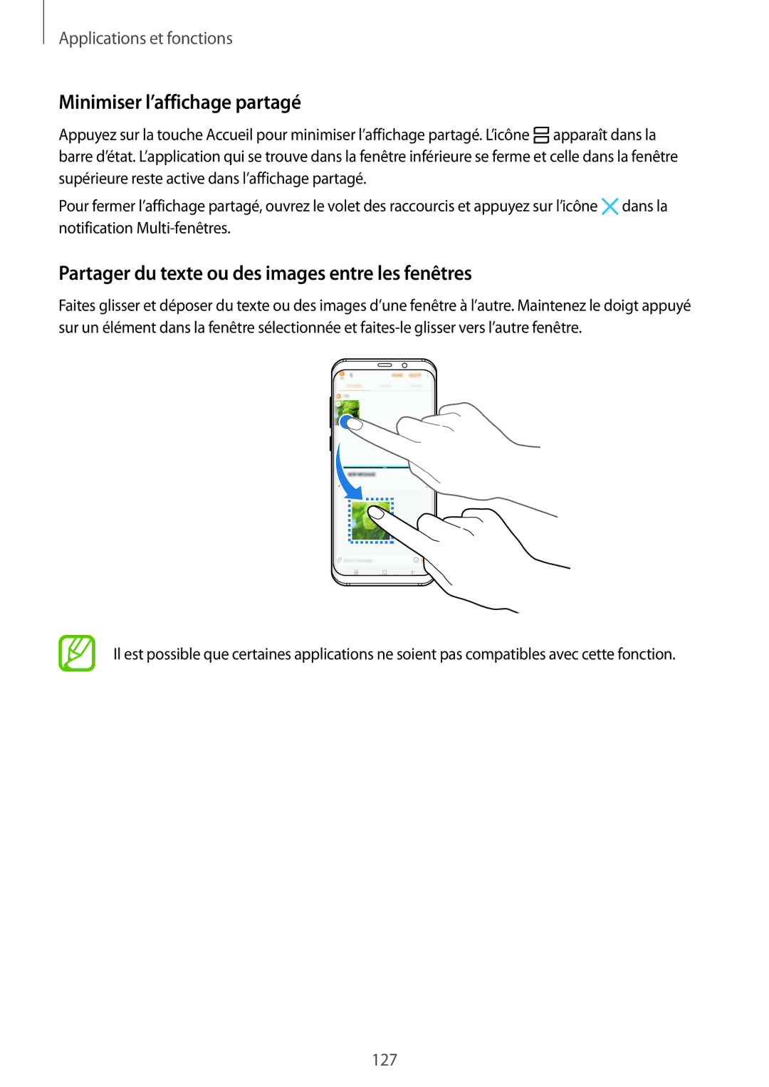 Samsung SM-G950FZKAXEF, SM-G955FZBAXEF Minimiser l’affichage partagé, Partager du texte ou des images entre les fenêtres 