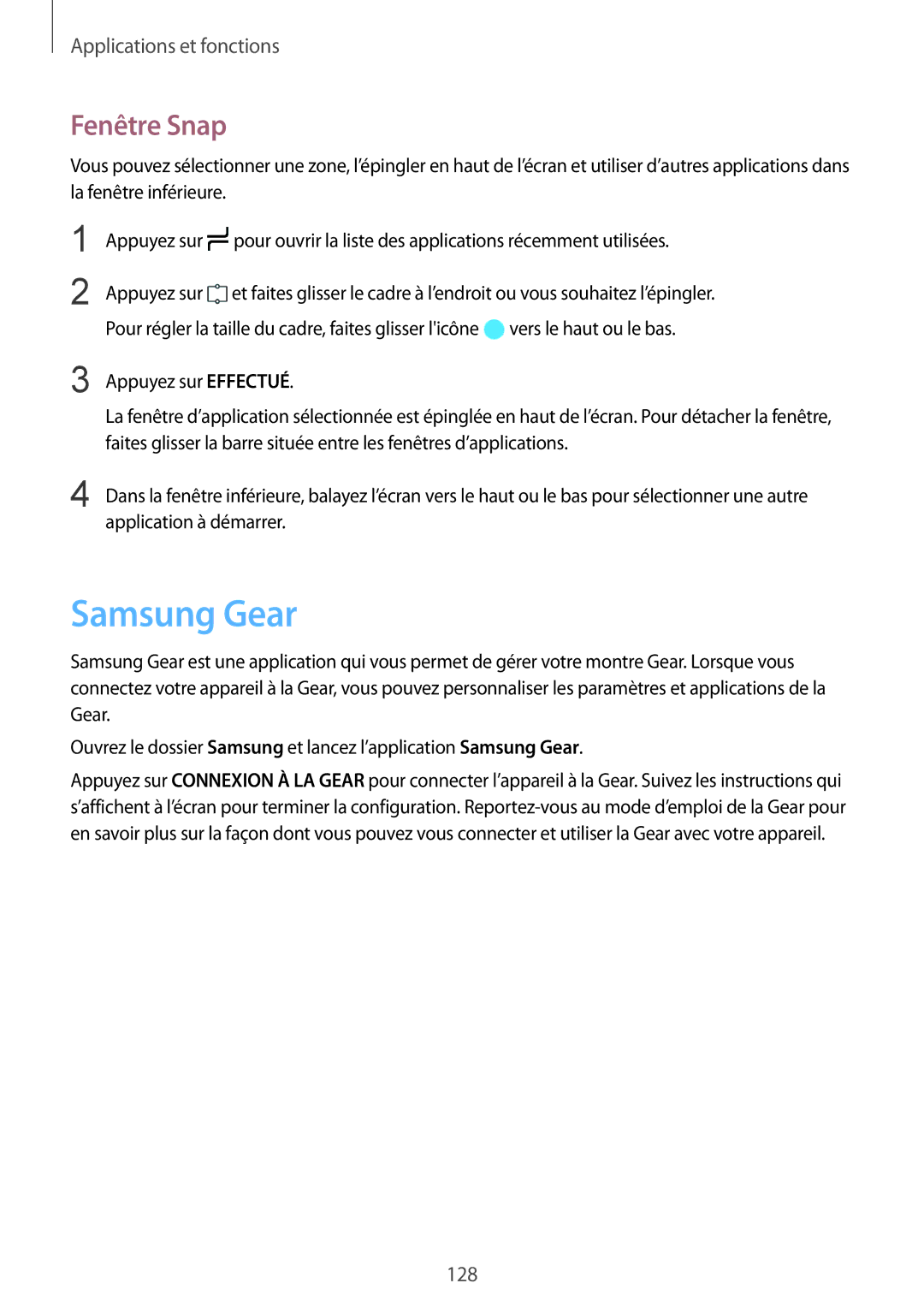 Samsung SM-G950FZVAXEF, SM-G955FZBAXEF, SM-G955FZVAXEF, SM-G950FZSAXEF, SM-G955FZSAXEF manual Samsung Gear, Fenêtre Snap 