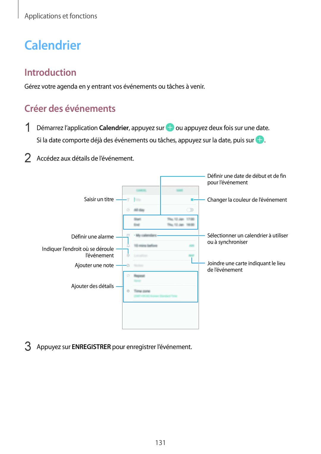 Samsung SM-G950FZBAXEF, SM-G955FZBAXEF, SM-G955FZVAXEF, SM-G950FZSAXEF, SM-G955FZSAXEF manual Calendrier, Créer des événements 