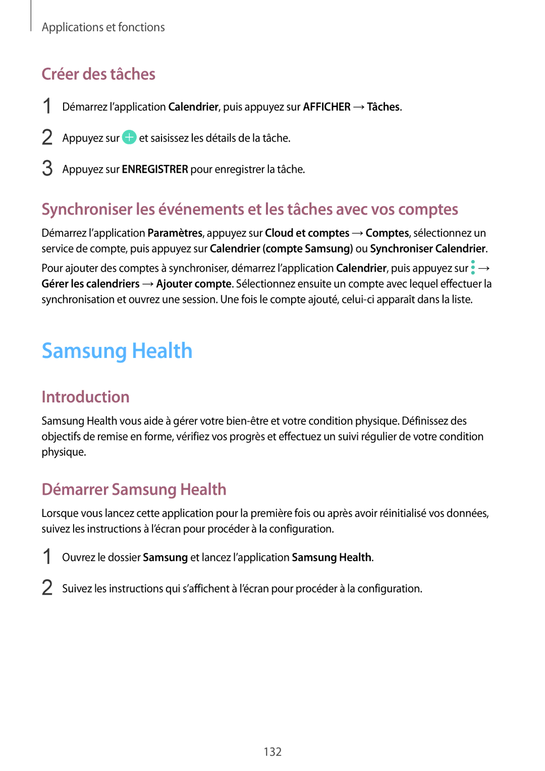 Samsung SM-G955FZBAXEF manual Samsung Health, Créer des tâches, Synchroniser les événements et les tâches avec vos comptes 