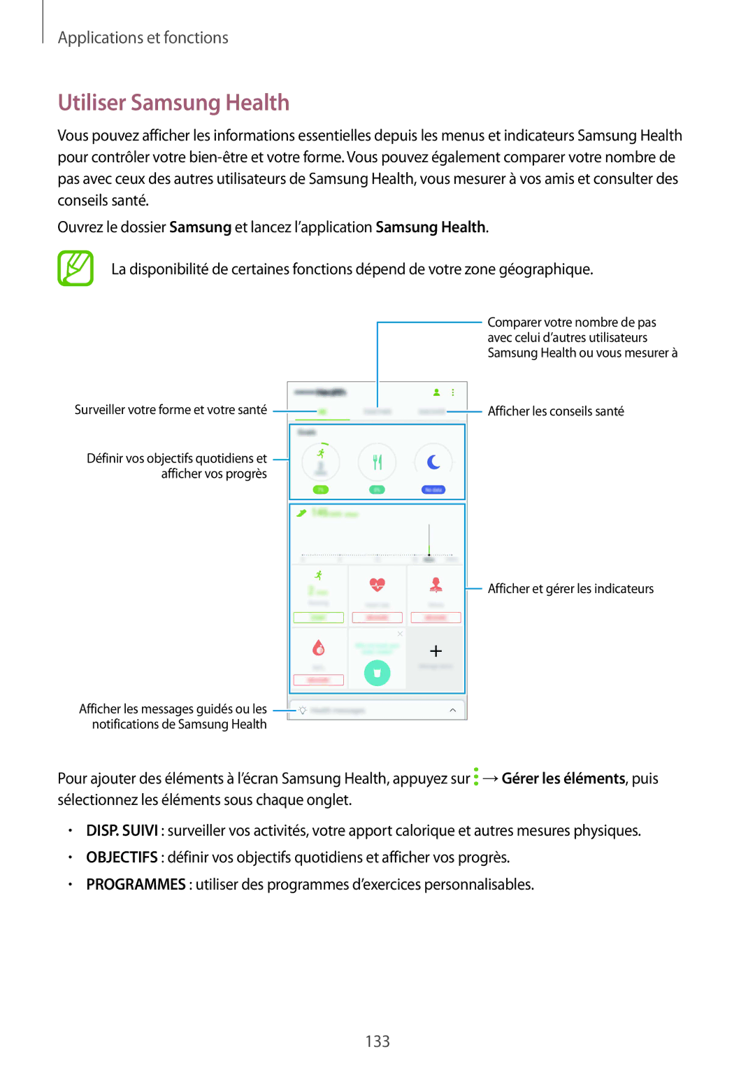 Samsung SM-G955FZVAXEF, SM-G955FZBAXEF, SM-G950FZSAXEF manual Utiliser Samsung Health, Surveiller votre forme et votre santé 