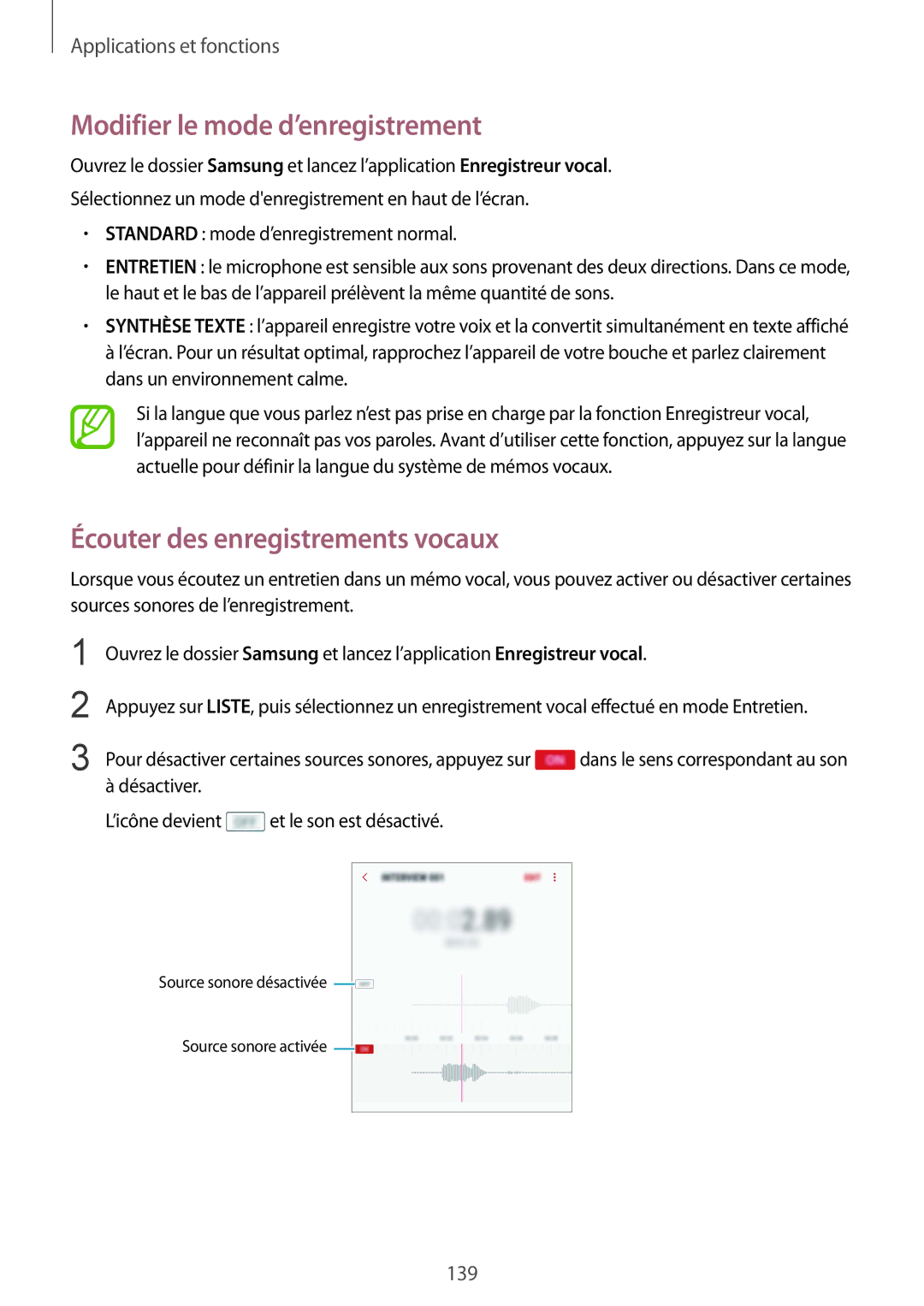 Samsung SM-G950FZVAXEF, SM-G955FZBAXEF manual Modifier le mode d’enregistrement, Écouter des enregistrements vocaux 