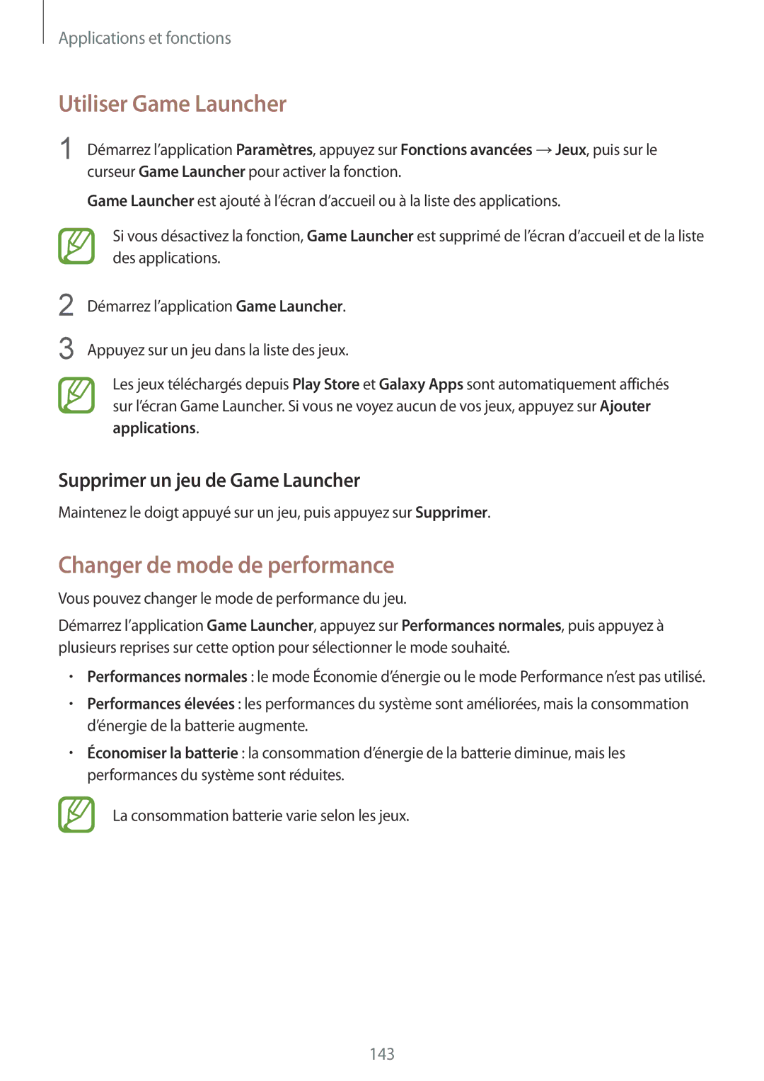 Samsung SM-G955FZBAXEF manual Utiliser Game Launcher, Changer de mode de performance, Supprimer un jeu de Game Launcher 