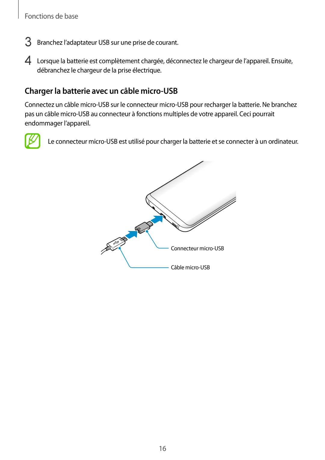 Samsung SM-G955FZIAXEF, SM-G955FZBAXEF, SM-G955FZVAXEF, SM-G950FZSAXEF manual Charger la batterie avec un câble micro-USB 