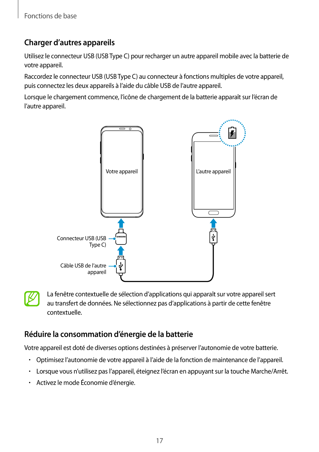 Samsung SM-G950FZKAXEF, SM-G955FZBAXEF manual Charger d’autres appareils, Réduire la consommation d’énergie de la batterie 