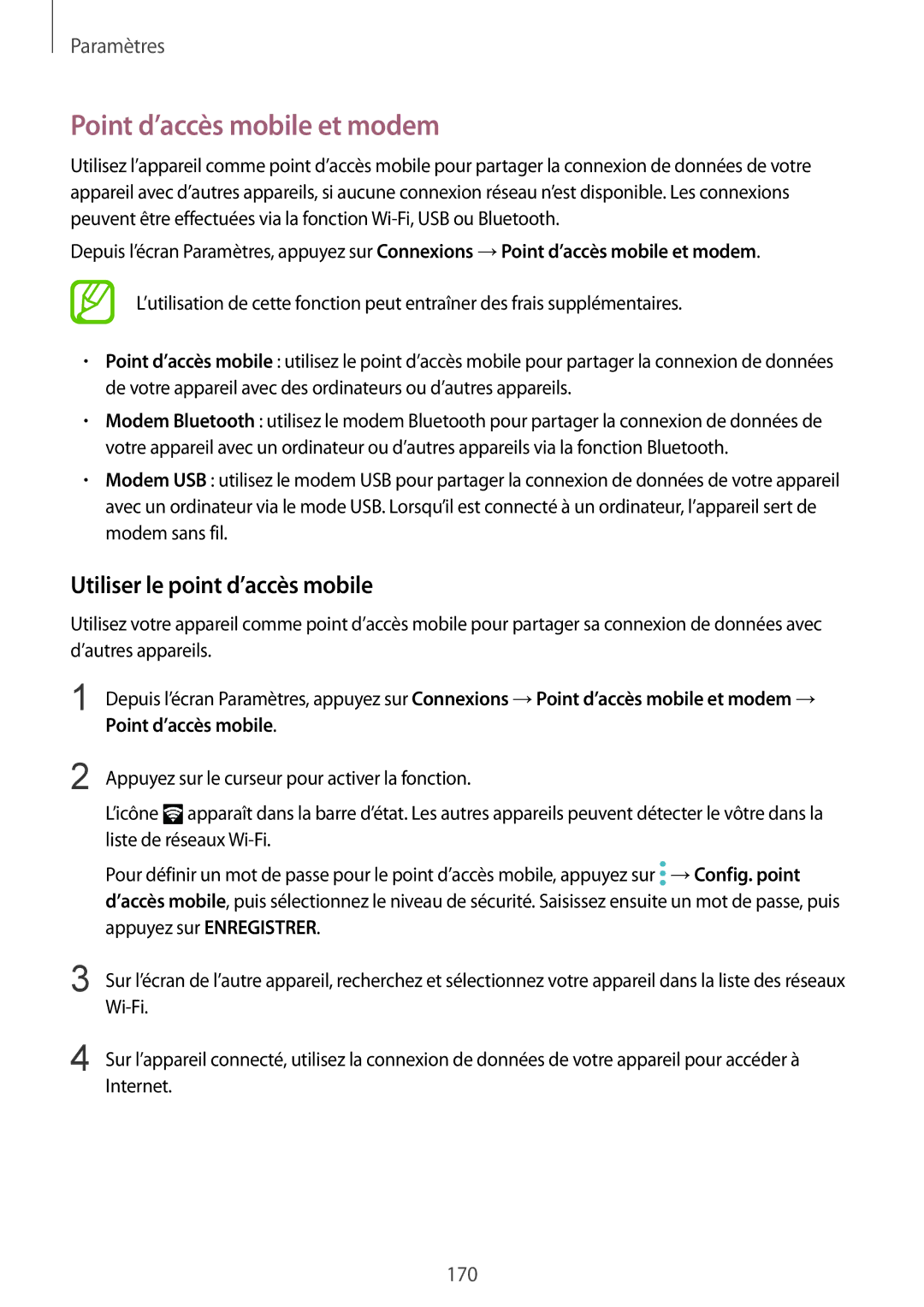 Samsung SM-G955FZIAXEF, SM-G955FZBAXEF, SM-G955FZVAXEF manual Point d’accès mobile et modem, Utiliser le point d’accès mobile 