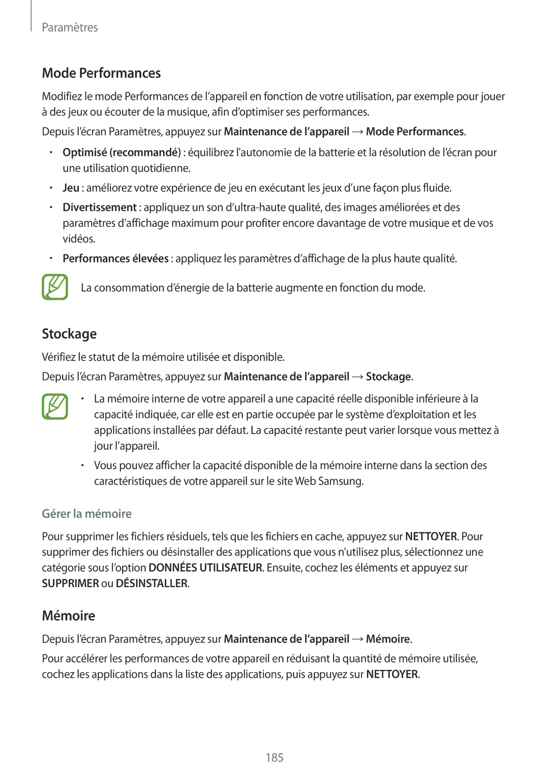 Samsung SM-G955FZKDXEF, SM-G955FZBAXEF, SM-G955FZVAXEF manual Mode Performances, Stockage, Mémoire, Gérer la mémoire 