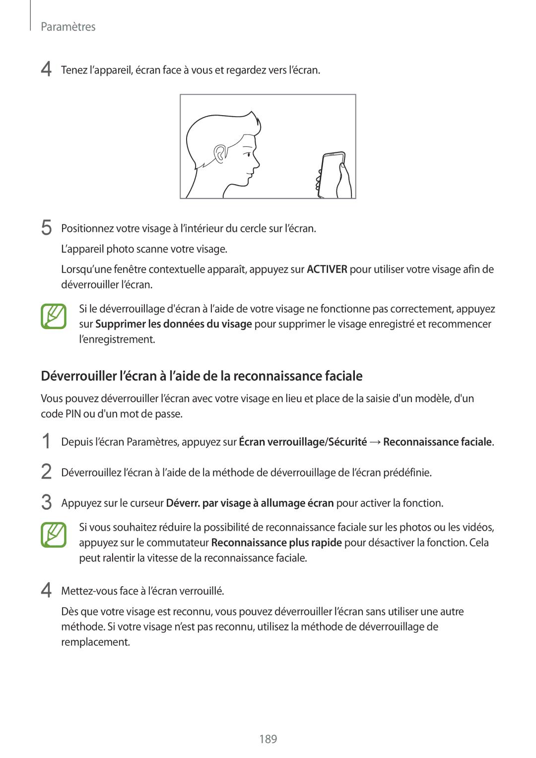Samsung SM-G950FZSAXEF, SM-G955FZBAXEF, SM-G955FZVAXEF manual Déverrouiller l’écran à l’aide de la reconnaissance faciale 