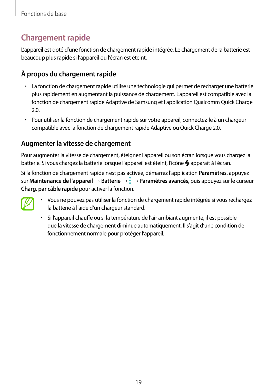 Samsung SM-G950FZIAXEF, SM-G955FZBAXEF Chargement rapide, Propos du chargement rapide, Augmenter la vitesse de chargement 