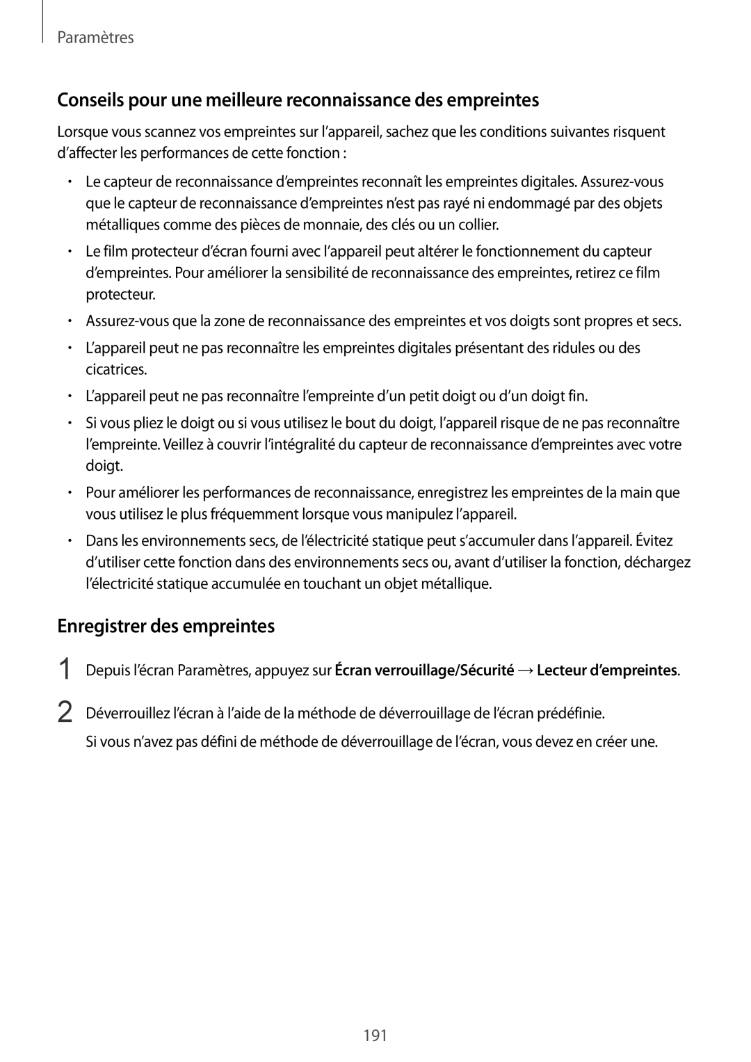 Samsung SM-G955FZKAXEF manual Conseils pour une meilleure reconnaissance des empreintes, Enregistrer des empreintes 