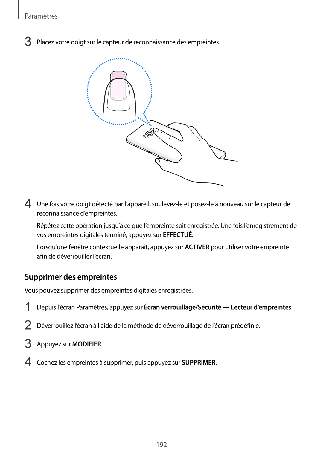 Samsung SM-G955FZIAXEF, SM-G955FZBAXEF, SM-G955FZVAXEF, SM-G950FZSAXEF, SM-G955FZSAXEF manual Supprimer des empreintes 