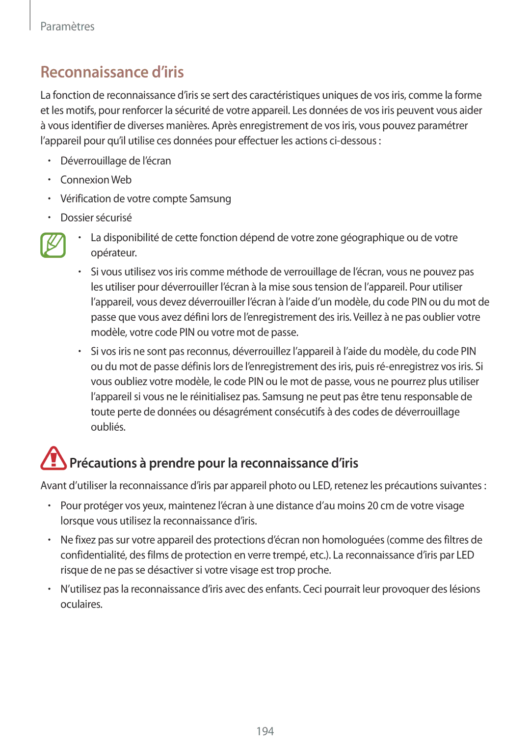 Samsung SM-G950FZVAXEF, SM-G955FZBAXEF manual Reconnaissance d’iris, Précautions à prendre pour la reconnaissance d’iris 