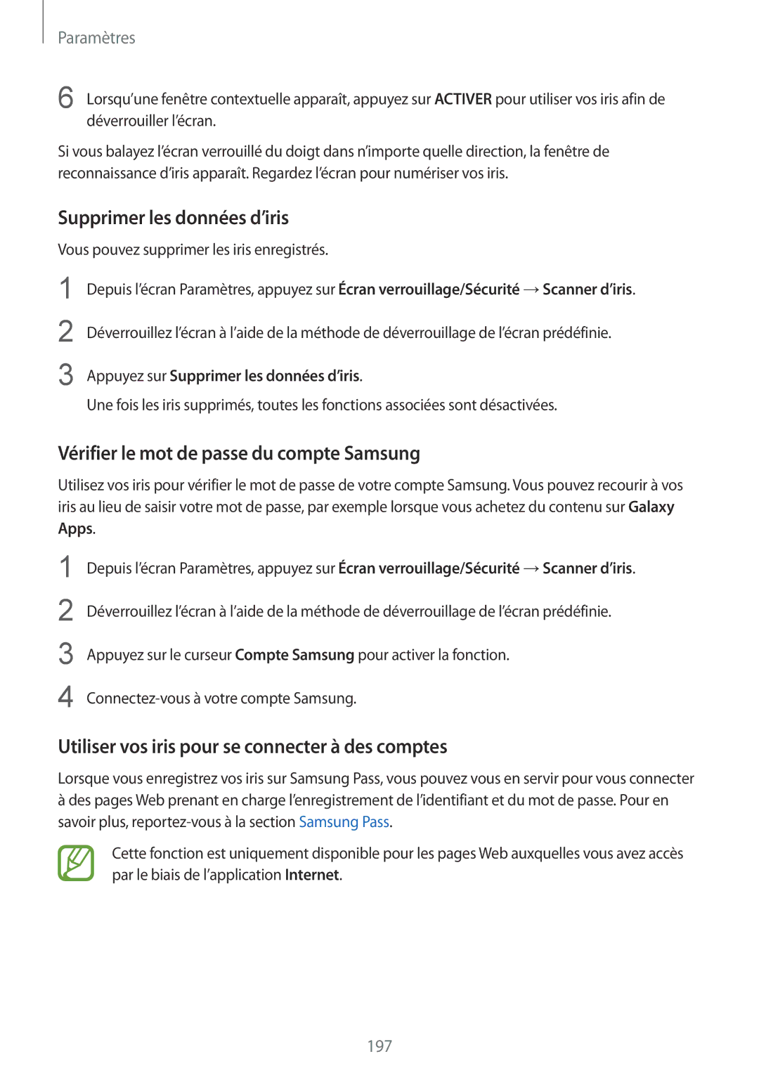 Samsung SM-G950FZBAXEF, SM-G955FZBAXEF Supprimer les données d’iris, Utiliser vos iris pour se connecter à des comptes 