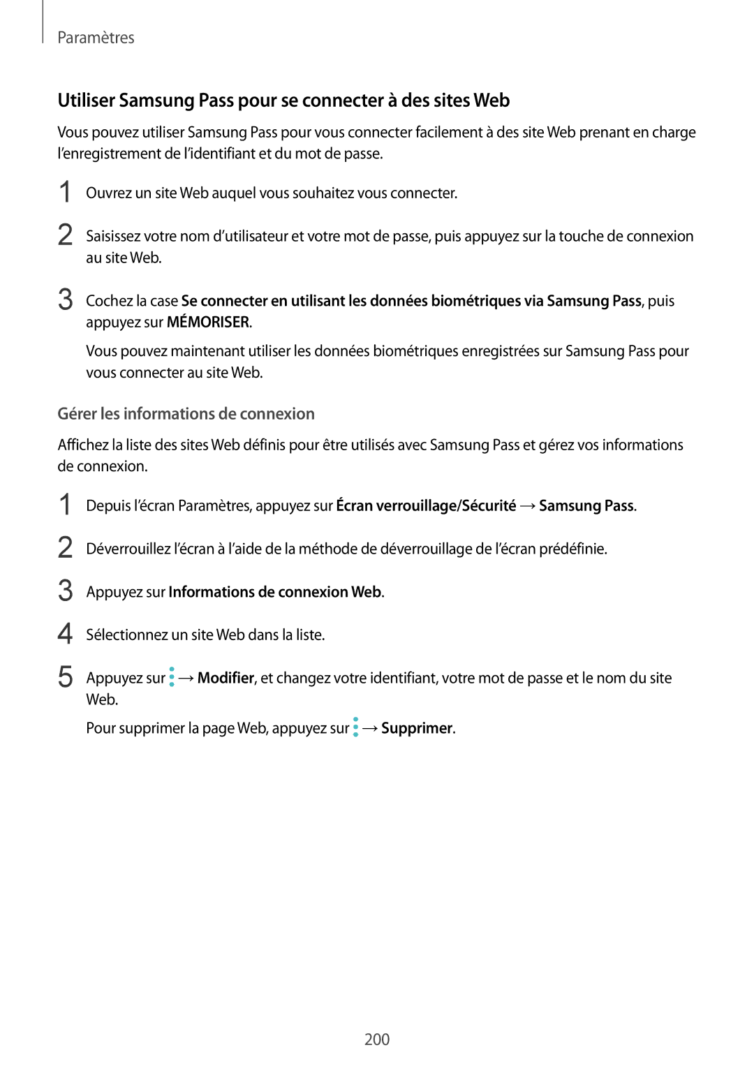 Samsung SM-G950FZSAXEF manual Utiliser Samsung Pass pour se connecter à des sites Web, Gérer les informations de connexion 