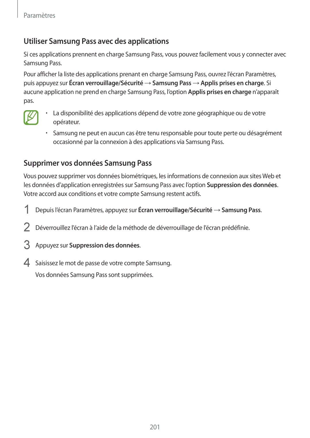 Samsung SM-G955FZSAXEF, SM-G955FZBAXEF Utiliser Samsung Pass avec des applications, Supprimer vos données Samsung Pass 