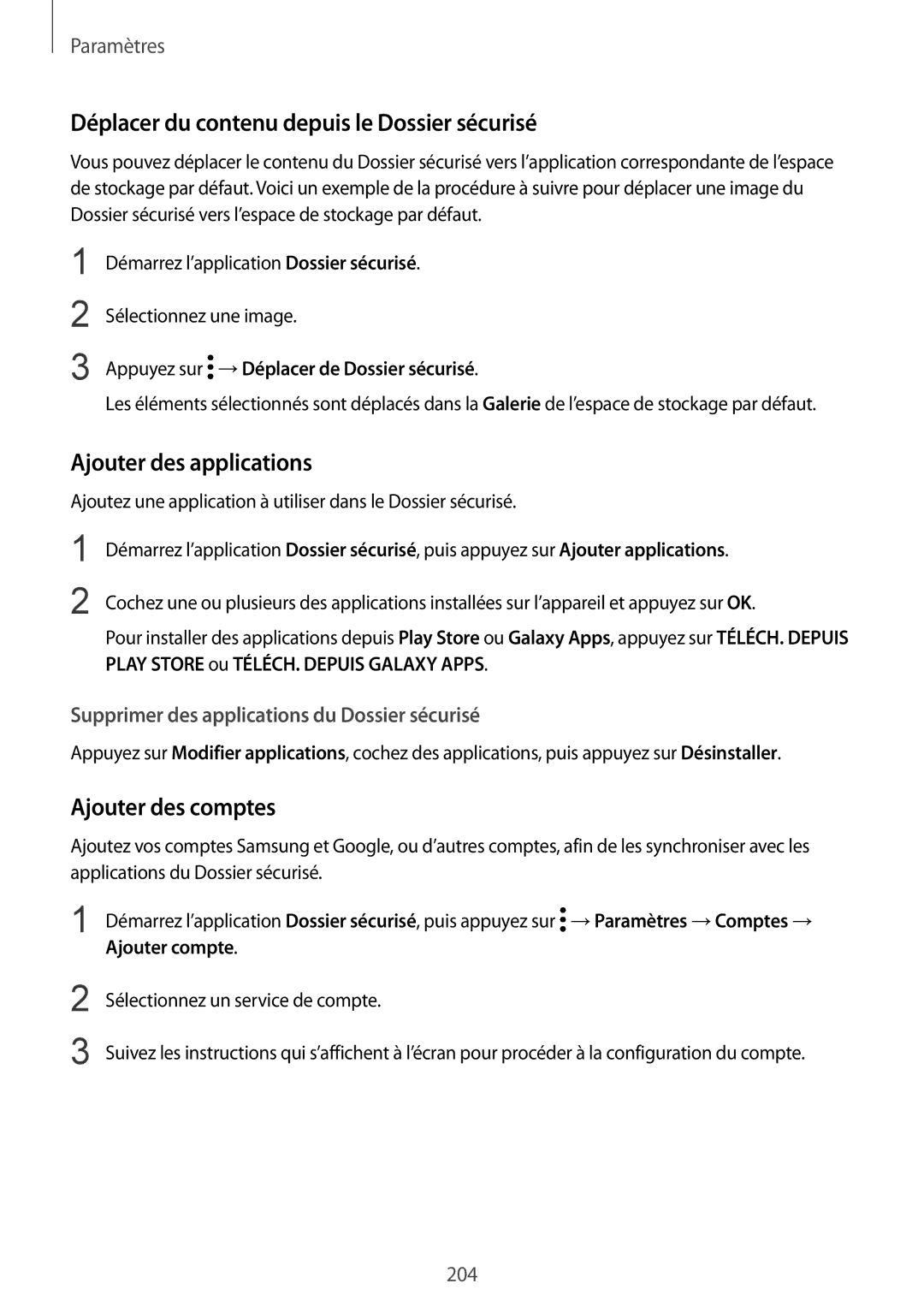 Samsung SM-G950FZKAXEF manual Déplacer du contenu depuis le Dossier sécurisé, Ajouter des applications, Ajouter des comptes 