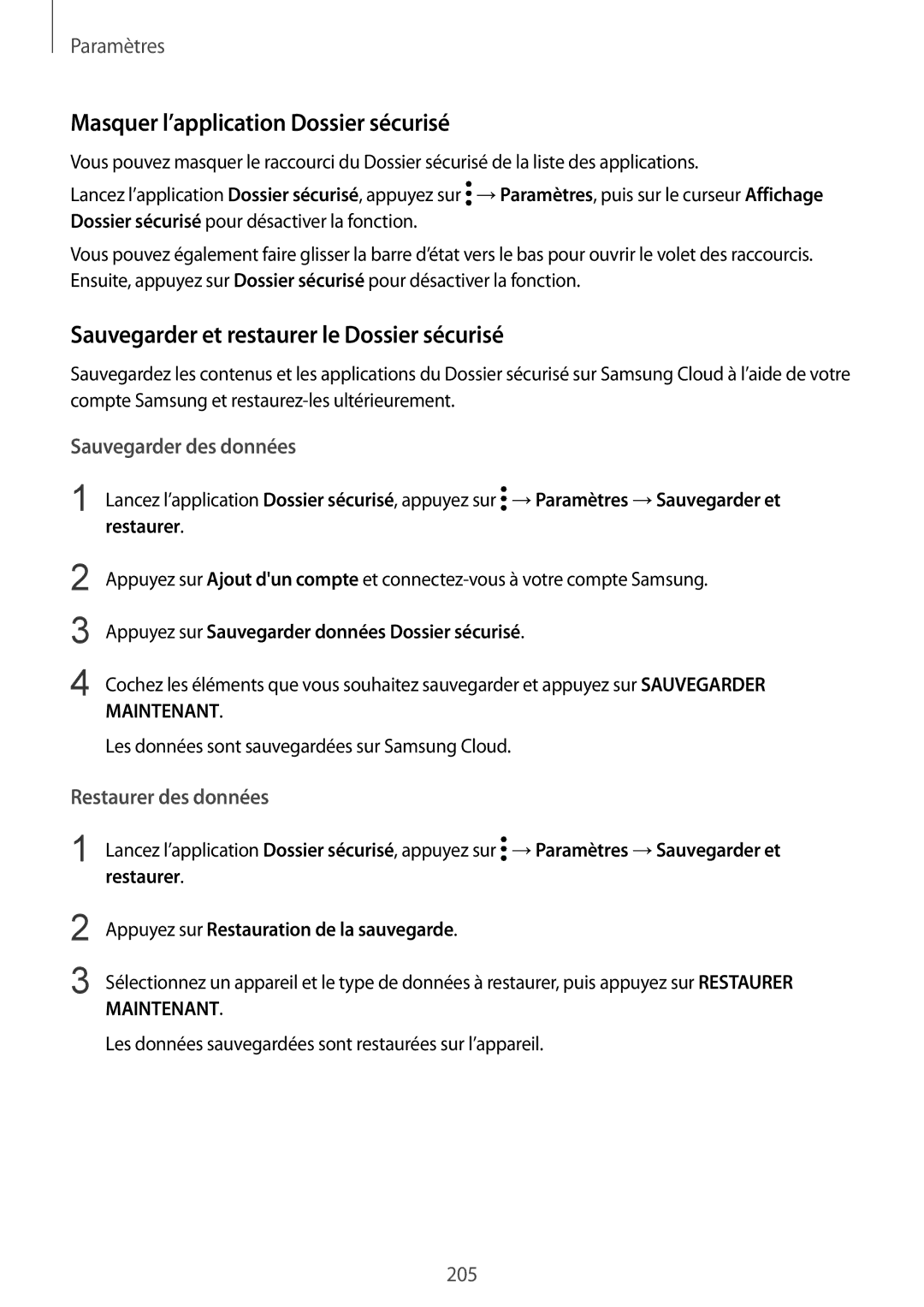 Samsung SM-G950FZVAXEF manual Masquer l’application Dossier sécurisé, Sauvegarder et restaurer le Dossier sécurisé 