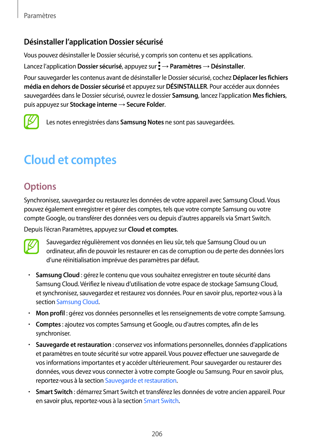 Samsung SM-G950FZIAXEF, SM-G955FZBAXEF, SM-G955FZVAXEF manual Cloud et comptes, Désinstaller l’application Dossier sécurisé 