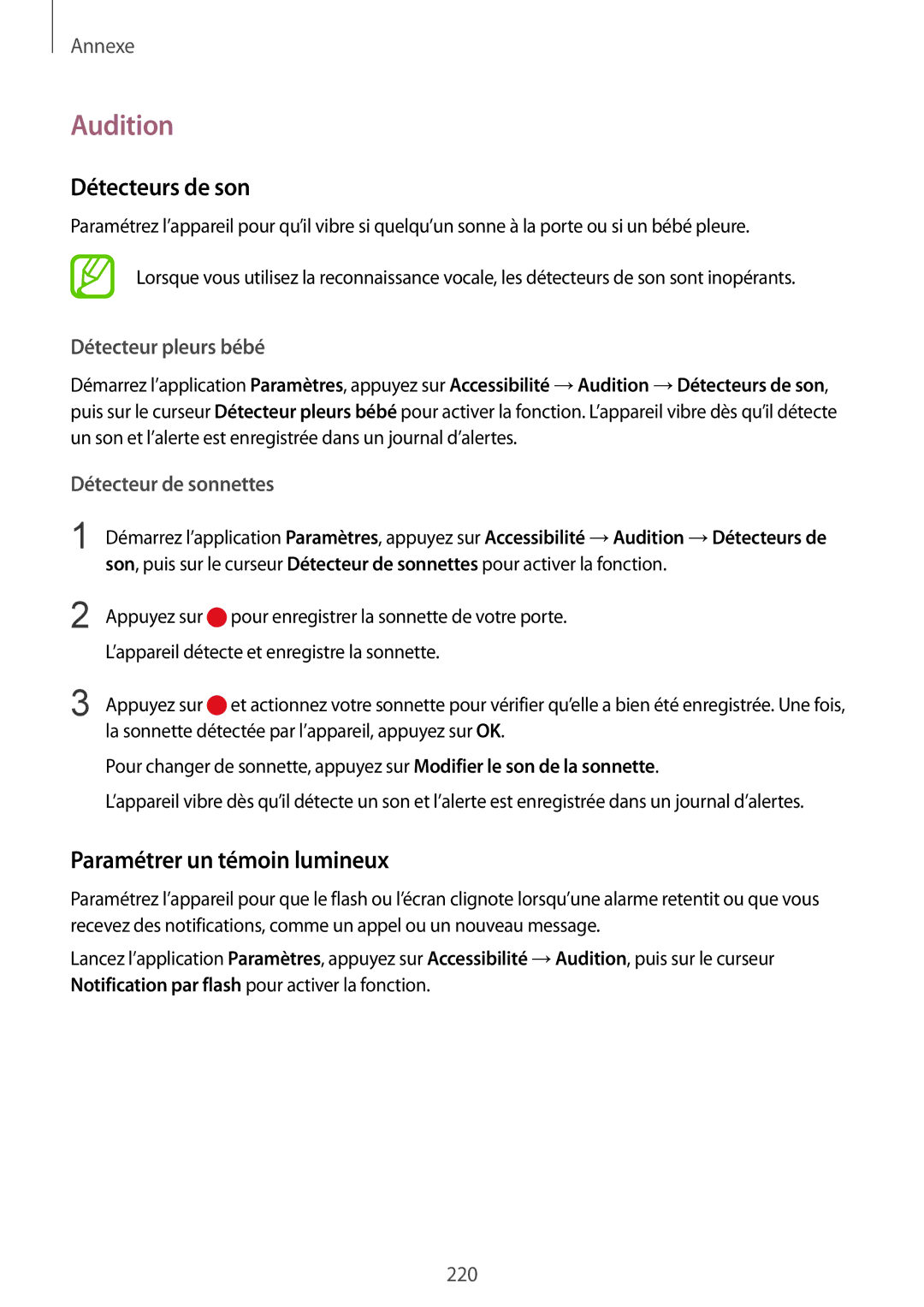 Samsung SM-G955FZBAXEF, SM-G955FZVAXEF Audition, Détecteurs de son, Paramétrer un témoin lumineux, Détecteur pleurs bébé 