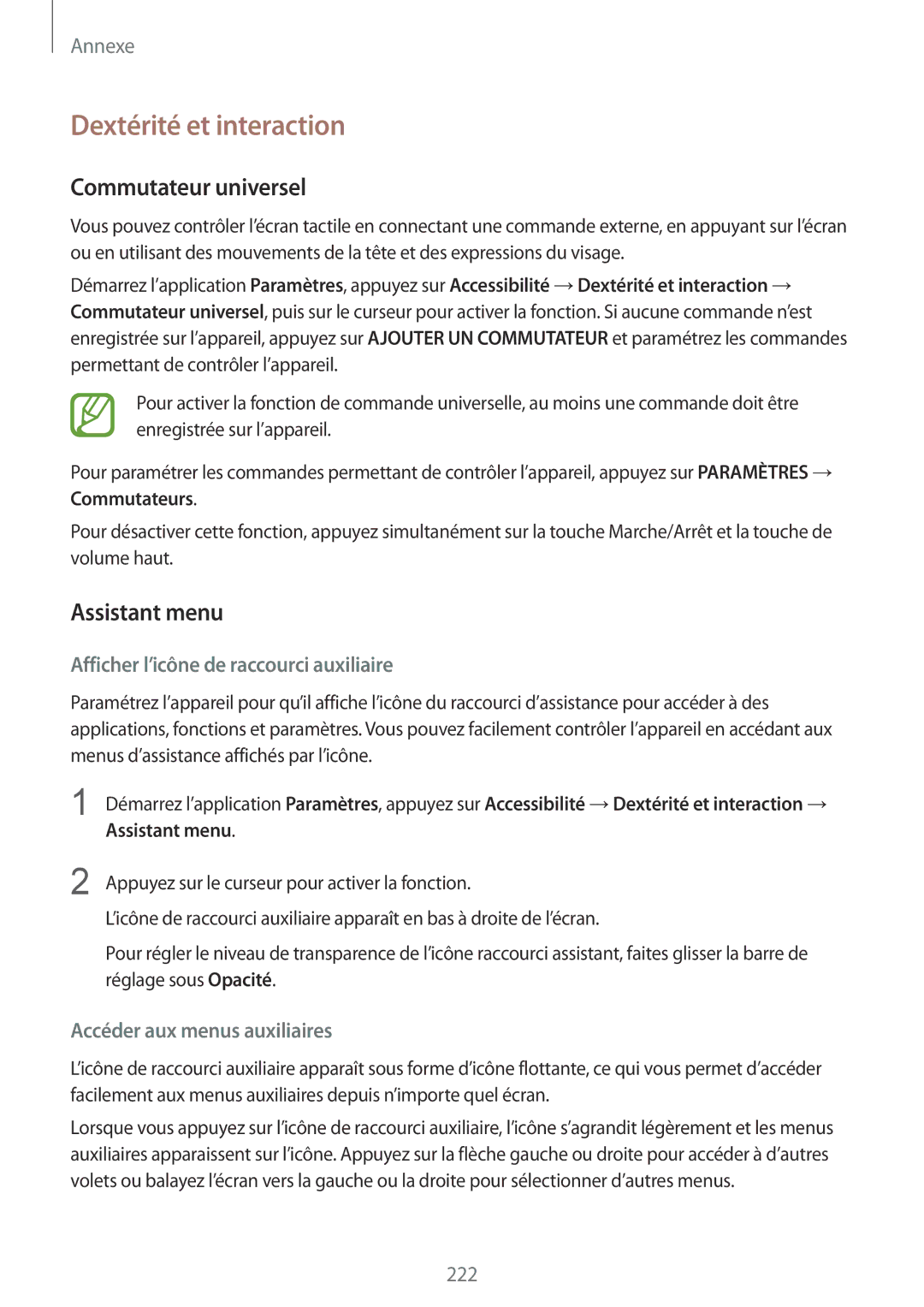Samsung SM-G950FZSAXEF Dextérité et interaction, Commutateur universel, Assistant menu, Accéder aux menus auxiliaires 
