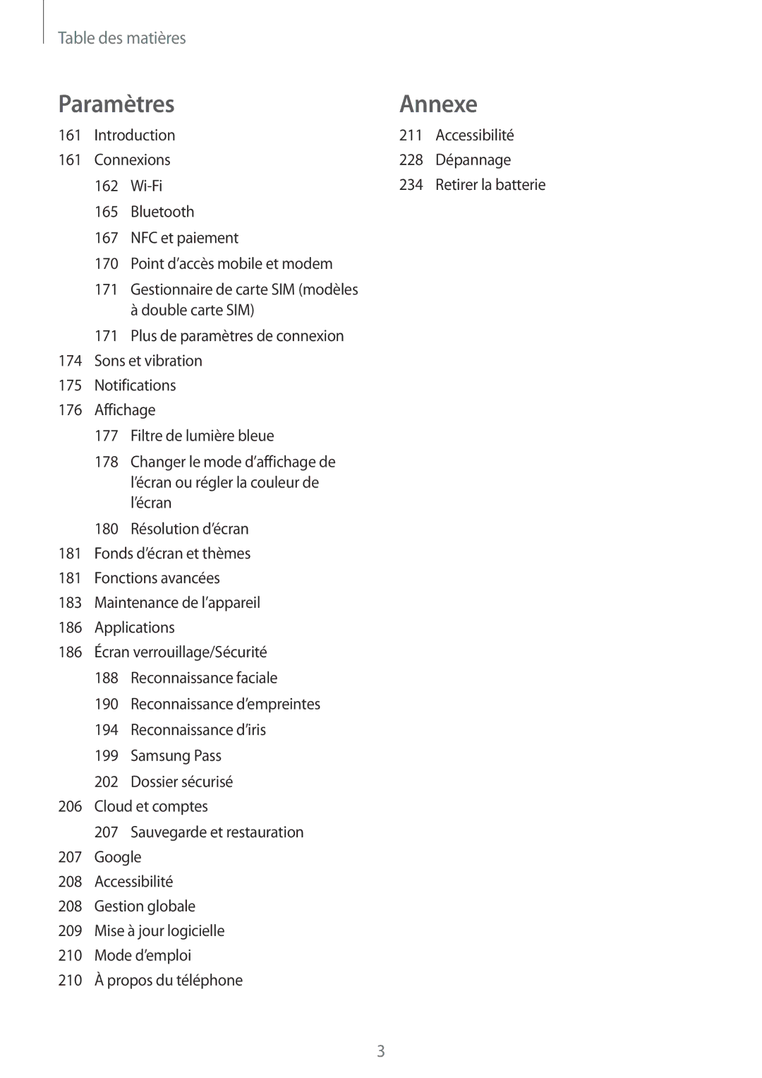 Samsung SM-G955FZSAXEF, SM-G955FZBAXEF, SM-G955FZVAXEF, SM-G950FZSAXEF, SM-G955FZKAXEF, SM-G955FZIAXEF manual Paramètres Annexe 