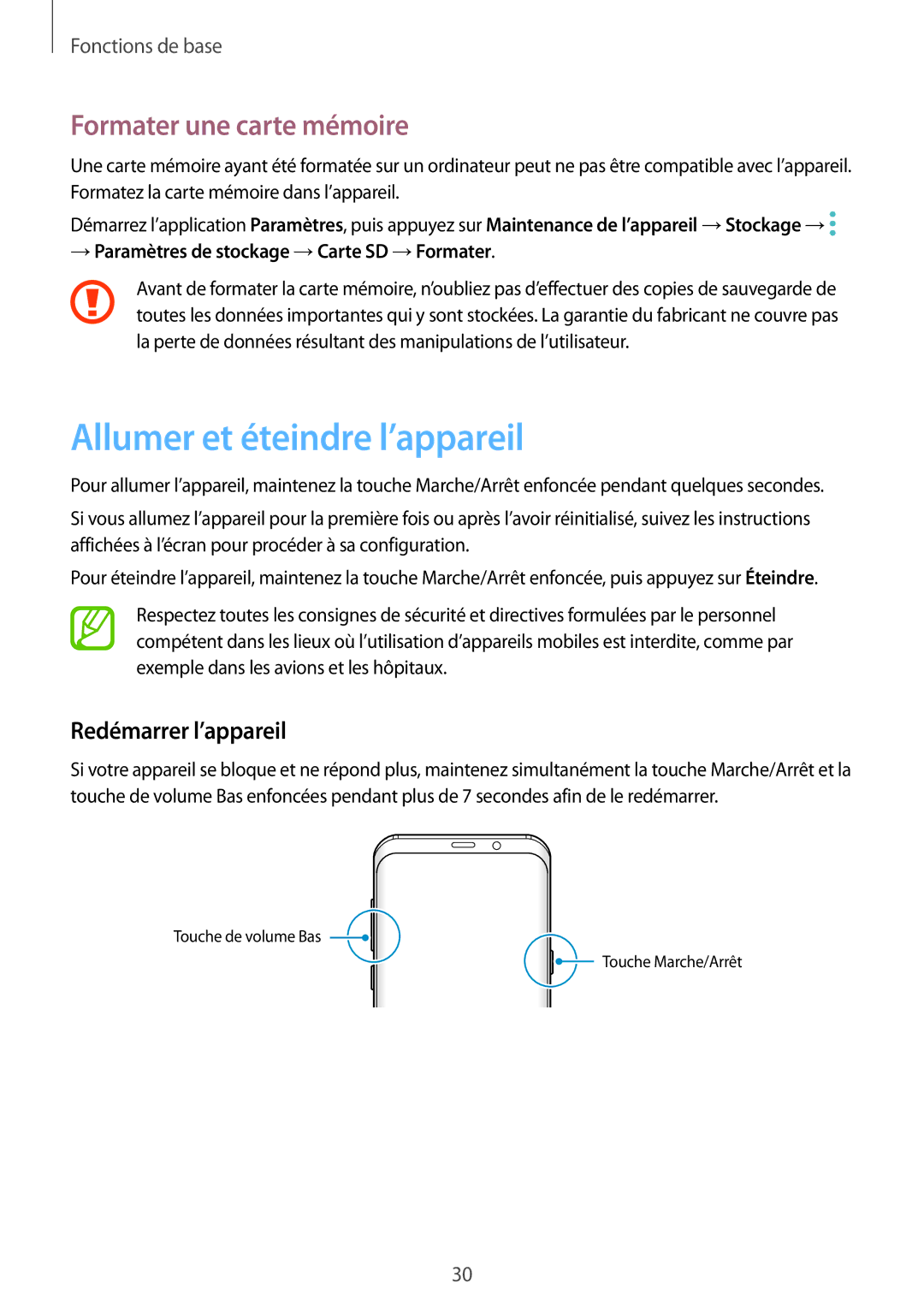 Samsung SM-G950FZIAXEF, SM-G955FZBAXEF Allumer et éteindre l’appareil, Formater une carte mémoire, Redémarrer l’appareil 