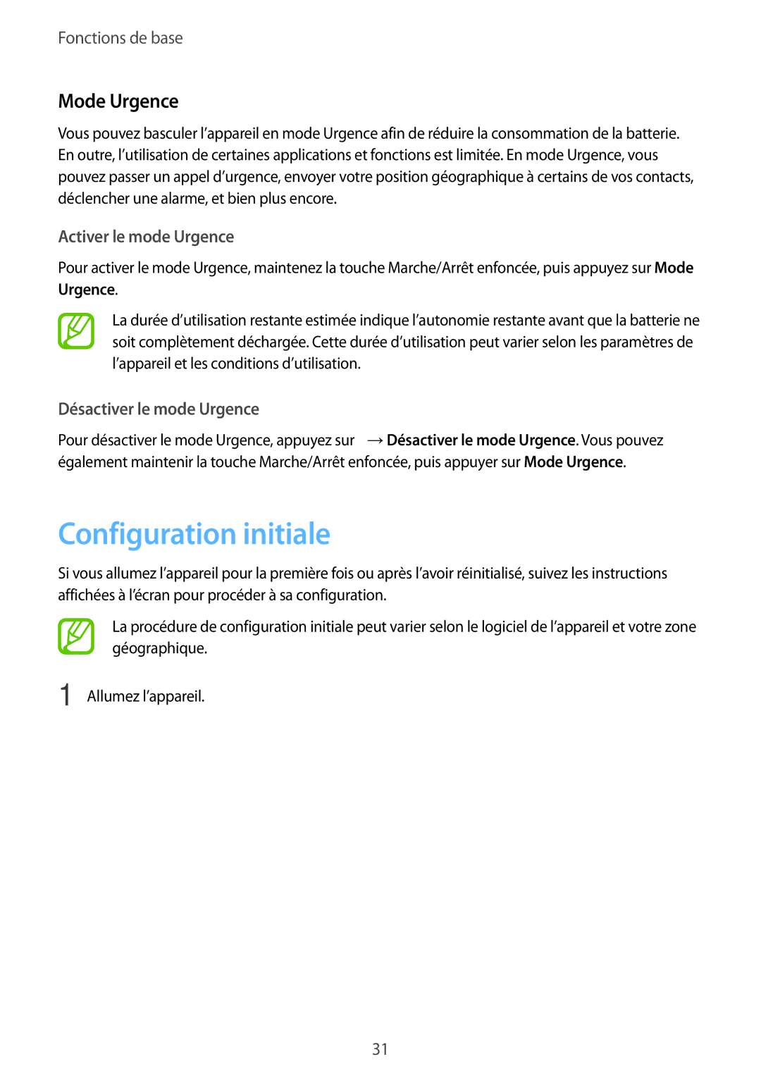 Samsung SM-G955FZKDXEF manual Configuration initiale, Mode Urgence, Activer le mode Urgence, Désactiver le mode Urgence 