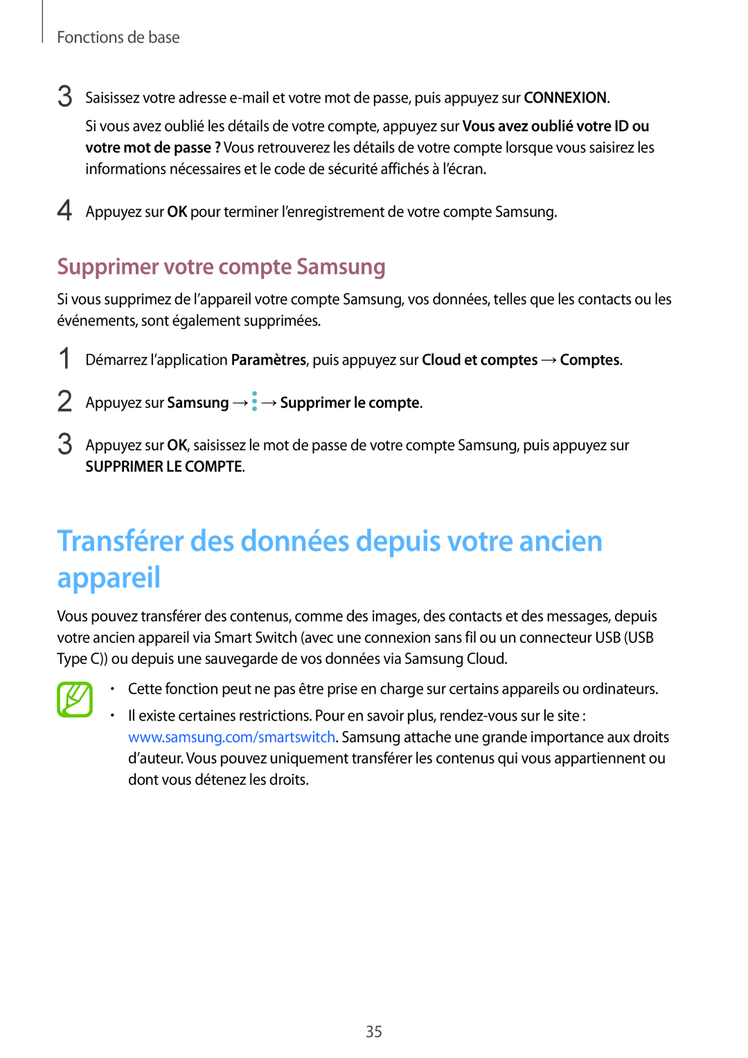 Samsung SM-G950FZSAXEF, SM-G955FZBAXEF Transférer des données depuis votre ancien appareil, Supprimer votre compte Samsung 