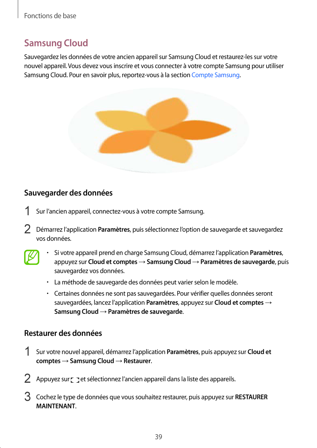 Samsung SM-G950FZKAXEF, SM-G955FZBAXEF, SM-G955FZVAXEF manual Samsung Cloud, Sauvegarder des données, Restaurer des données 