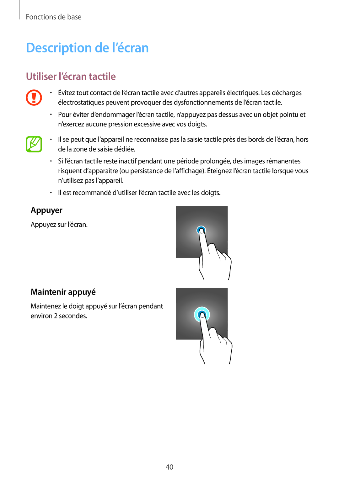 Samsung SM-G950FZVAXEF, SM-G955FZBAXEF manual Description de l’écran, Utiliser l’écran tactile, Appuyer, Maintenir appuyé 