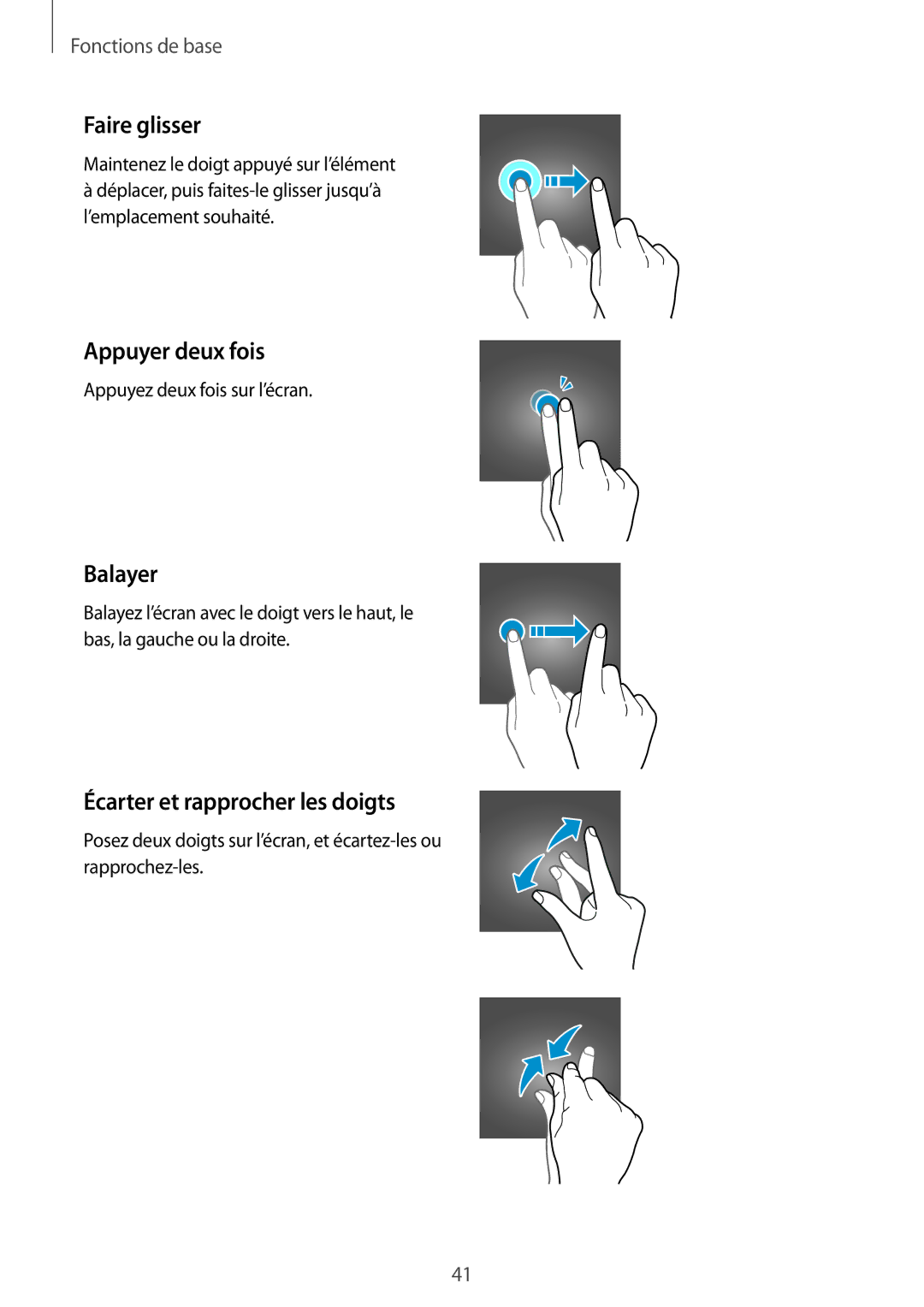 Samsung SM-G950FZIAXEF, SM-G955FZBAXEF manual Faire glisser, Appuyer deux fois, Balayer, Écarter et rapprocher les doigts 