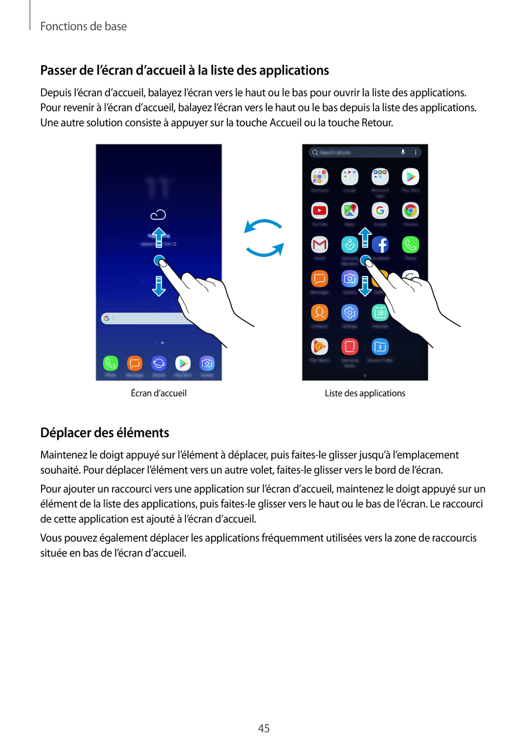 Samsung SM-G955FZVAXEF, SM-G955FZBAXEF manual Passer de l’écran d’accueil à la liste des applications, Déplacer des éléments 