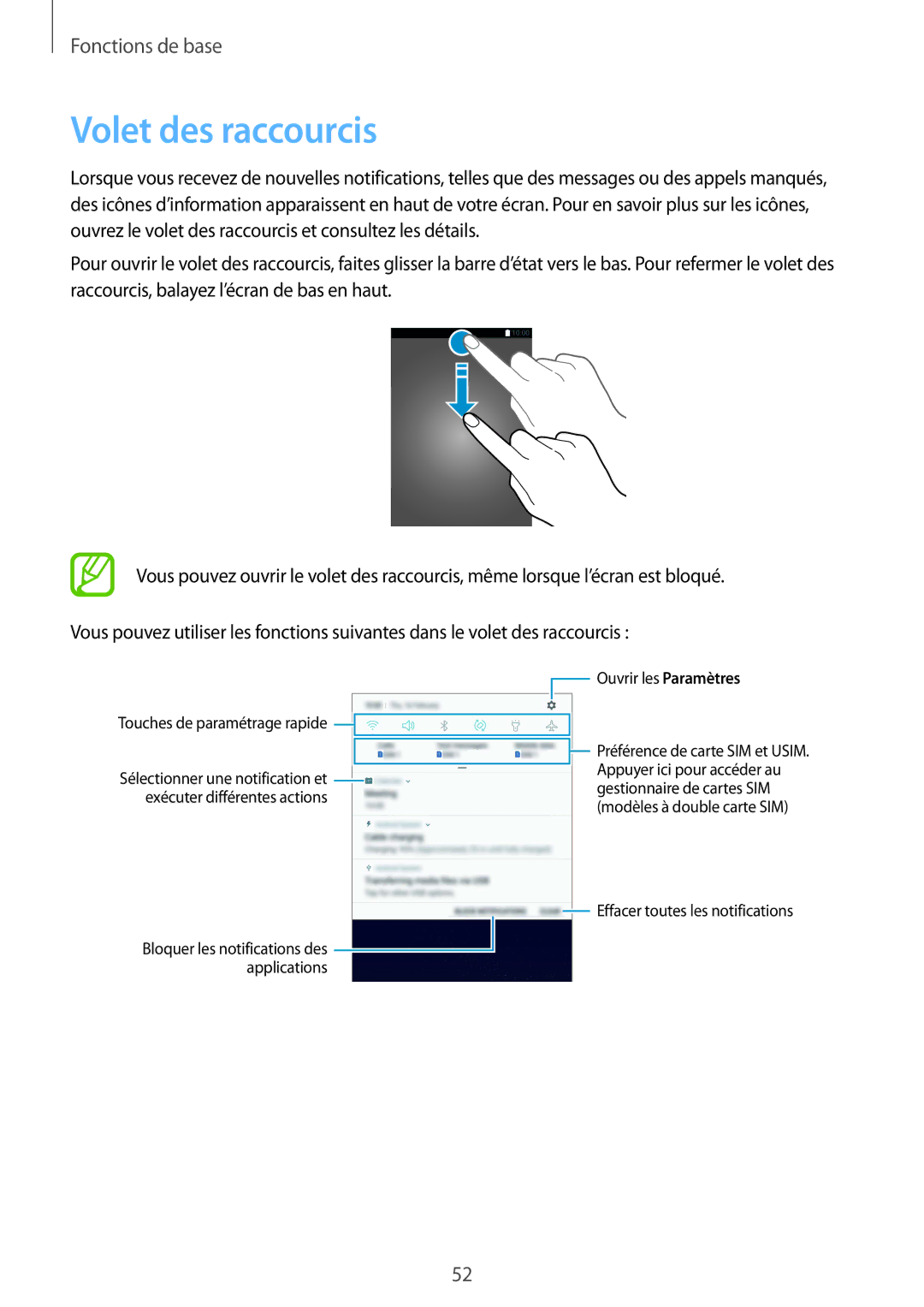 Samsung SM-G950FZIAXEF, SM-G955FZBAXEF, SM-G955FZVAXEF, SM-G950FZSAXEF Volet des raccourcis, Touches de paramétrage rapide 