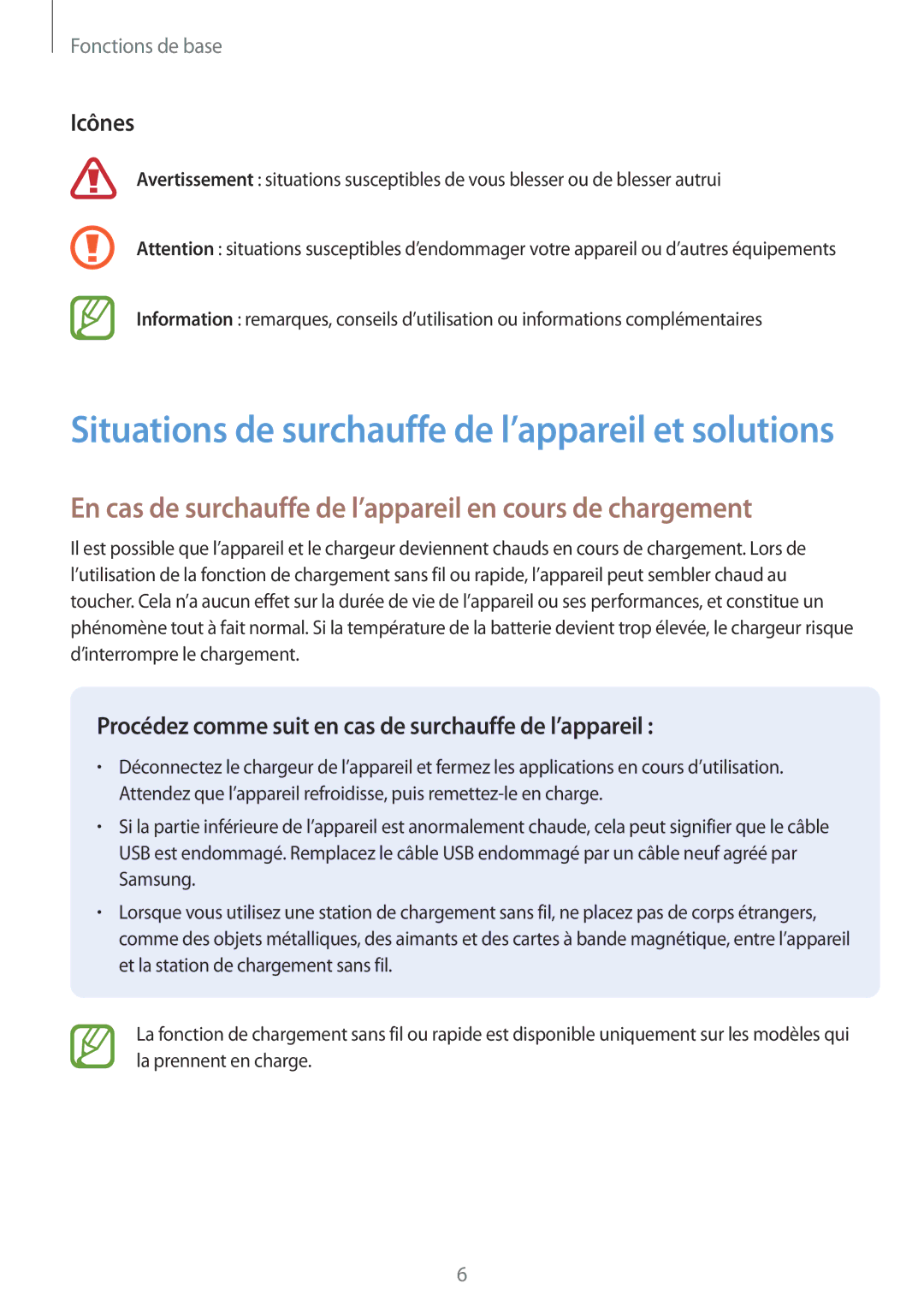 Samsung SM-G950FZKAXEF, SM-G955FZBAXEF, SM-G955FZVAXEF En cas de surchauffe de l’appareil en cours de chargement, Icônes 