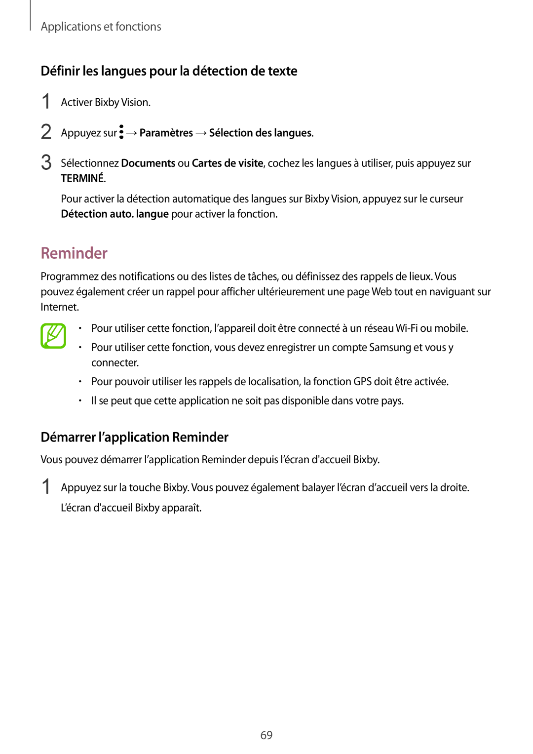 Samsung SM-G955FZSAXEF, SM-G955FZBAXEF Définir les langues pour la détection de texte, Démarrer l’application Reminder 